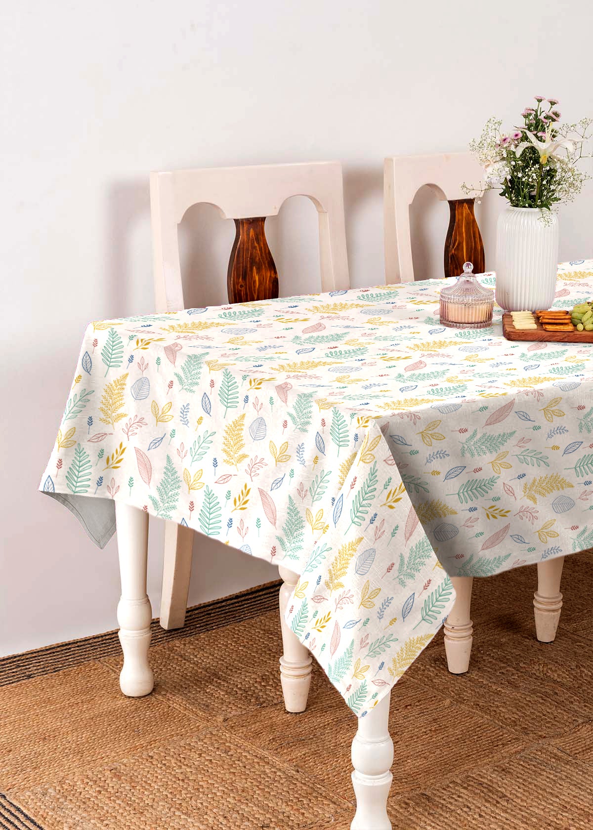 Rustling Leaves 100% cotton floral table cloth for 4 seater or 6 seater dining - Multicolor