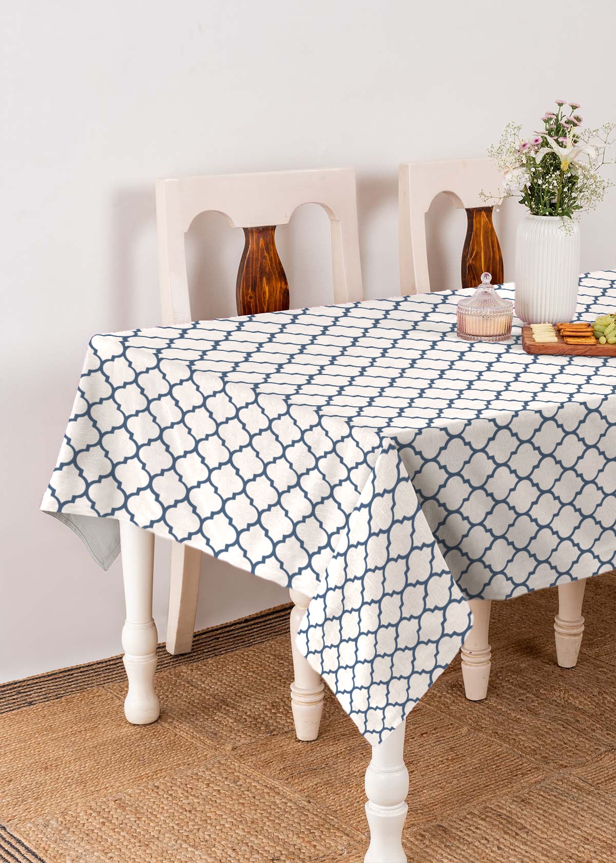 Trellis Printed 100% cotton geometric table cloth for 4 seater or 6 seater dining - Royal Blue