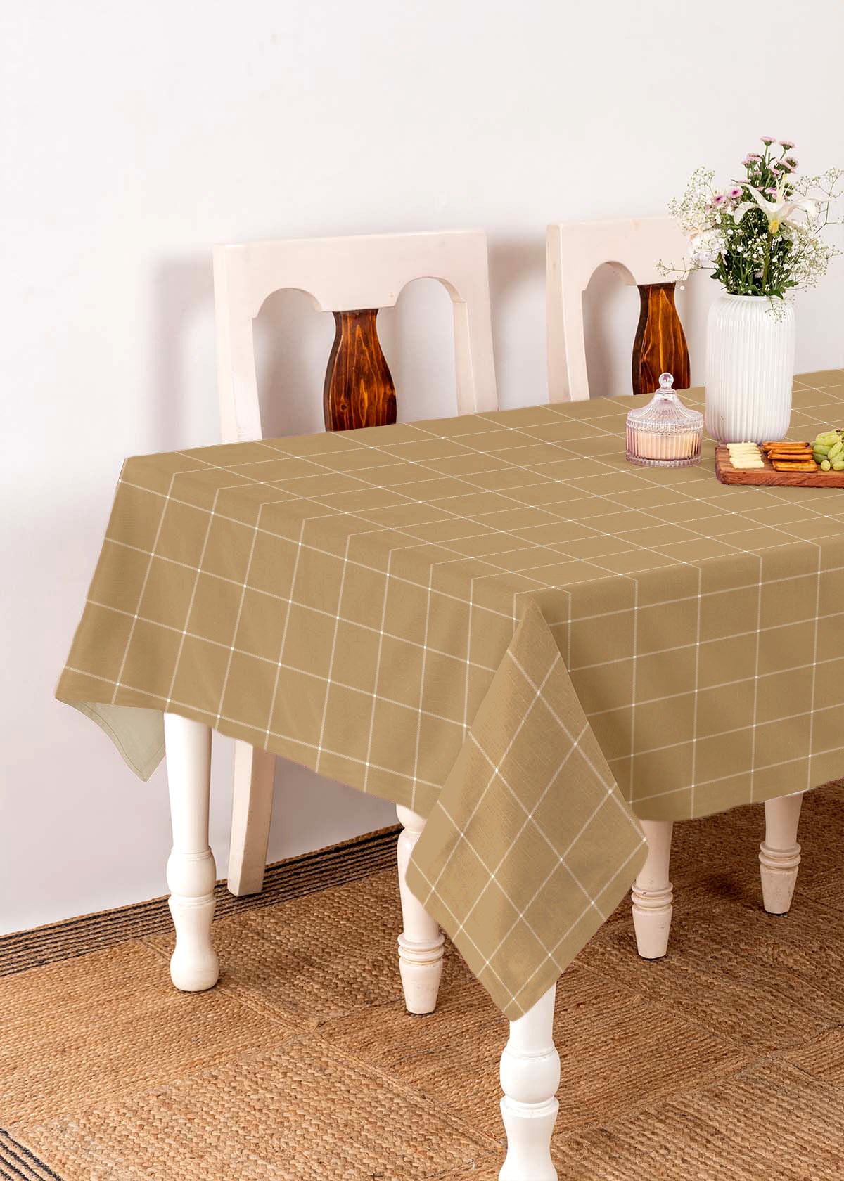 Cabin Checks 100% cotton neutral geometric table cloth for 4 seater or 6 seater dining - Brown