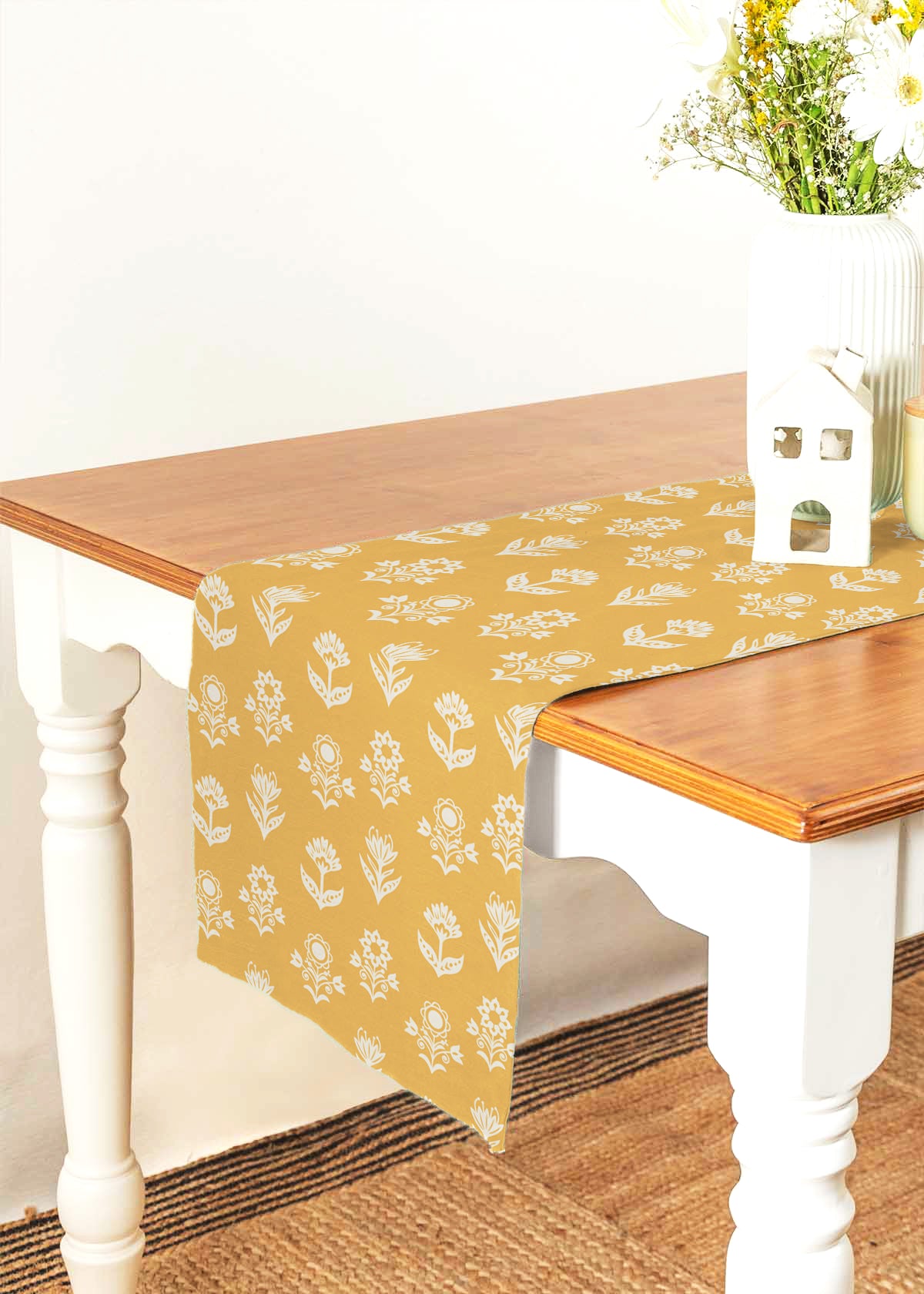 Dahlia 100% cotton floral table runner for 4 seater or 6 seater Dining with tassels - Mustard