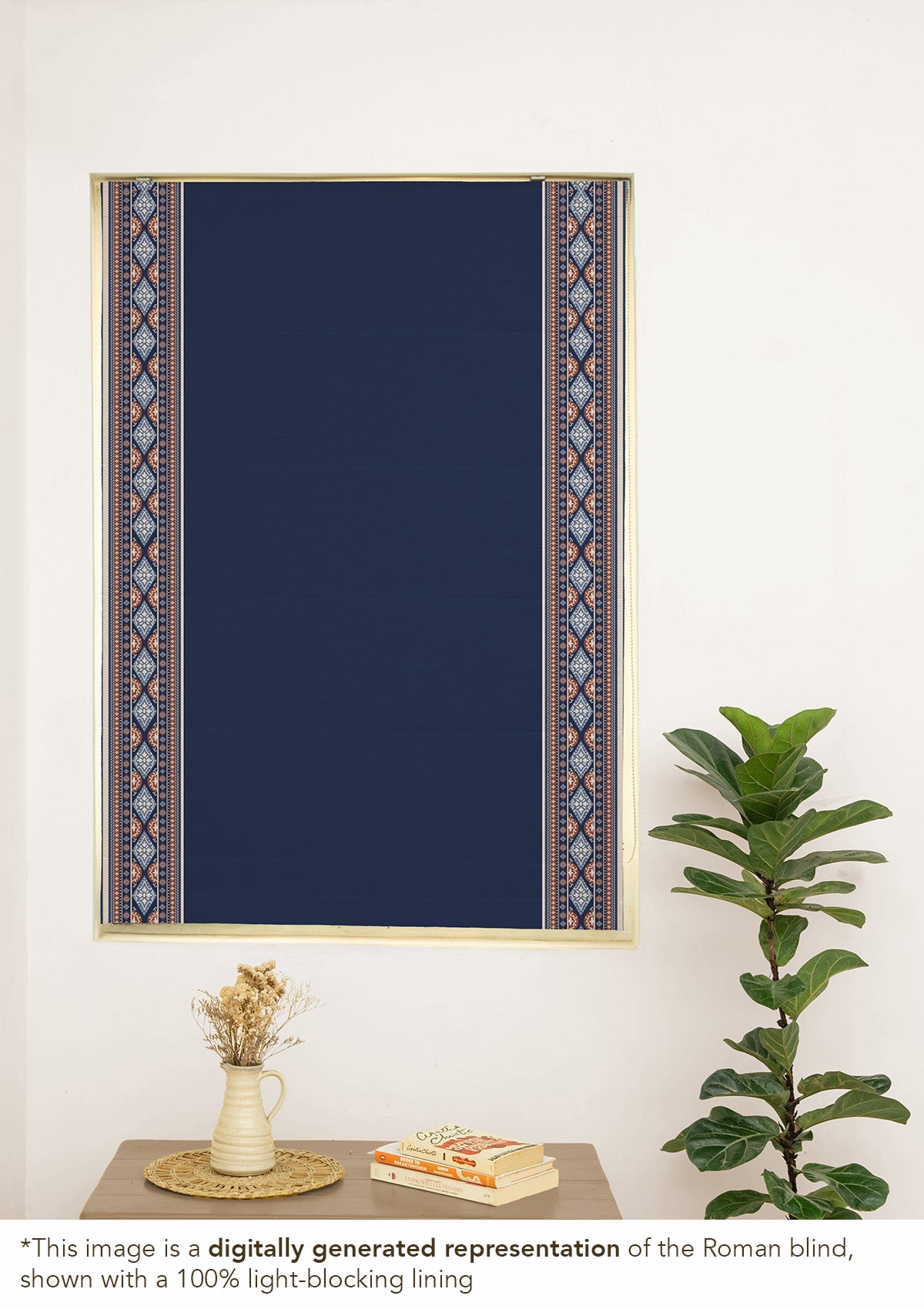 Tara Indigo 100% Cotton with Trim Customizable blind for livingroom & Bedrooms - Room Darkening - Indigo & Red