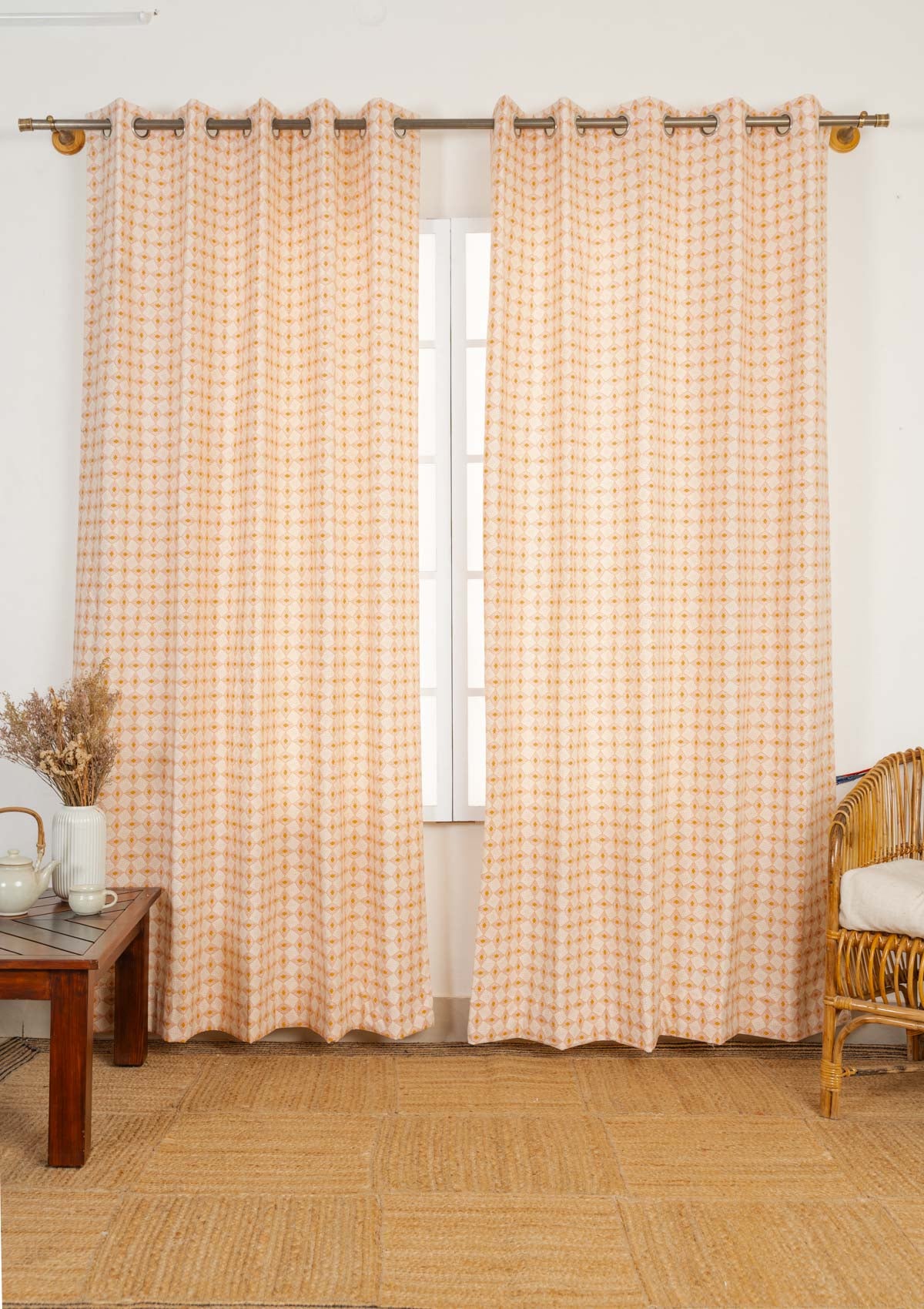 Terrazo 100% cotton geometric curtain for living room - Room darkening - Mustard - Single - Pack of 1