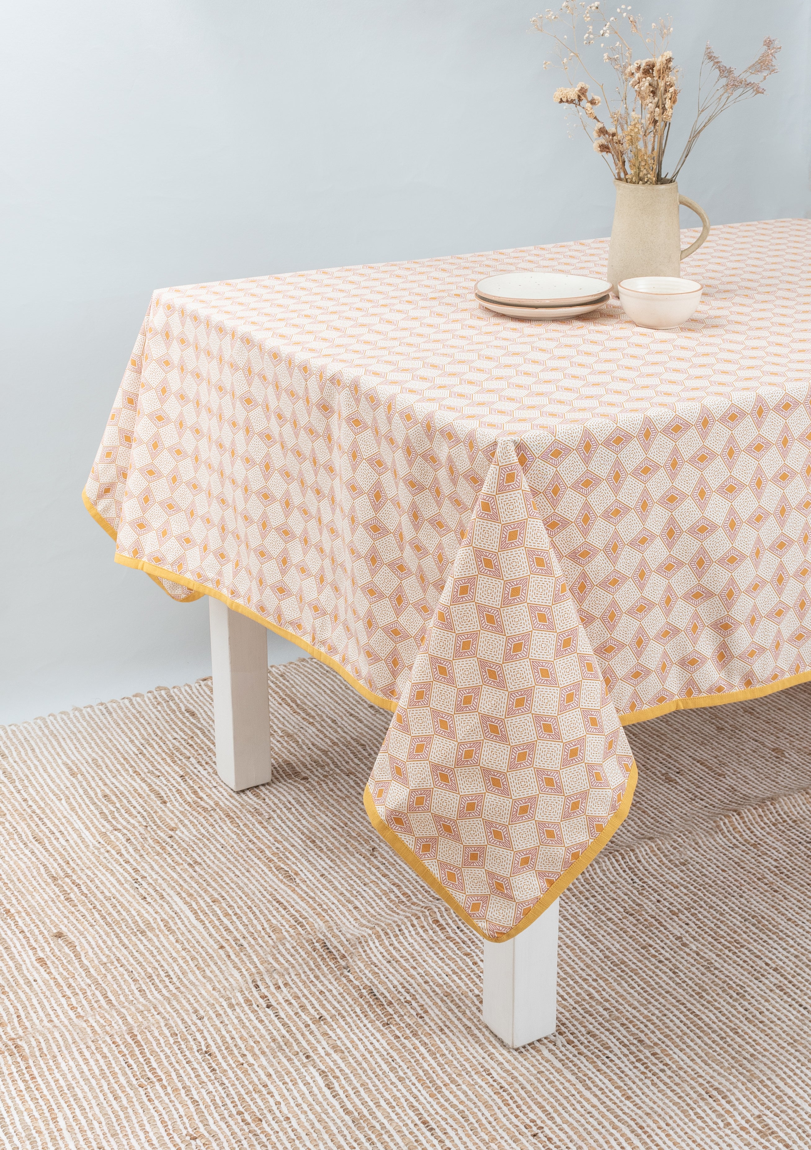 Terrazo 100% cotton geometric table cloth for 4 seater or 6 seater dining with piping