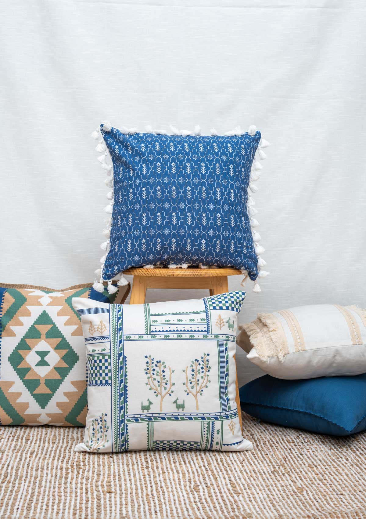 Jungle 100% cotton embroidered boho cushion cover combo set for sofa- Indigo and green