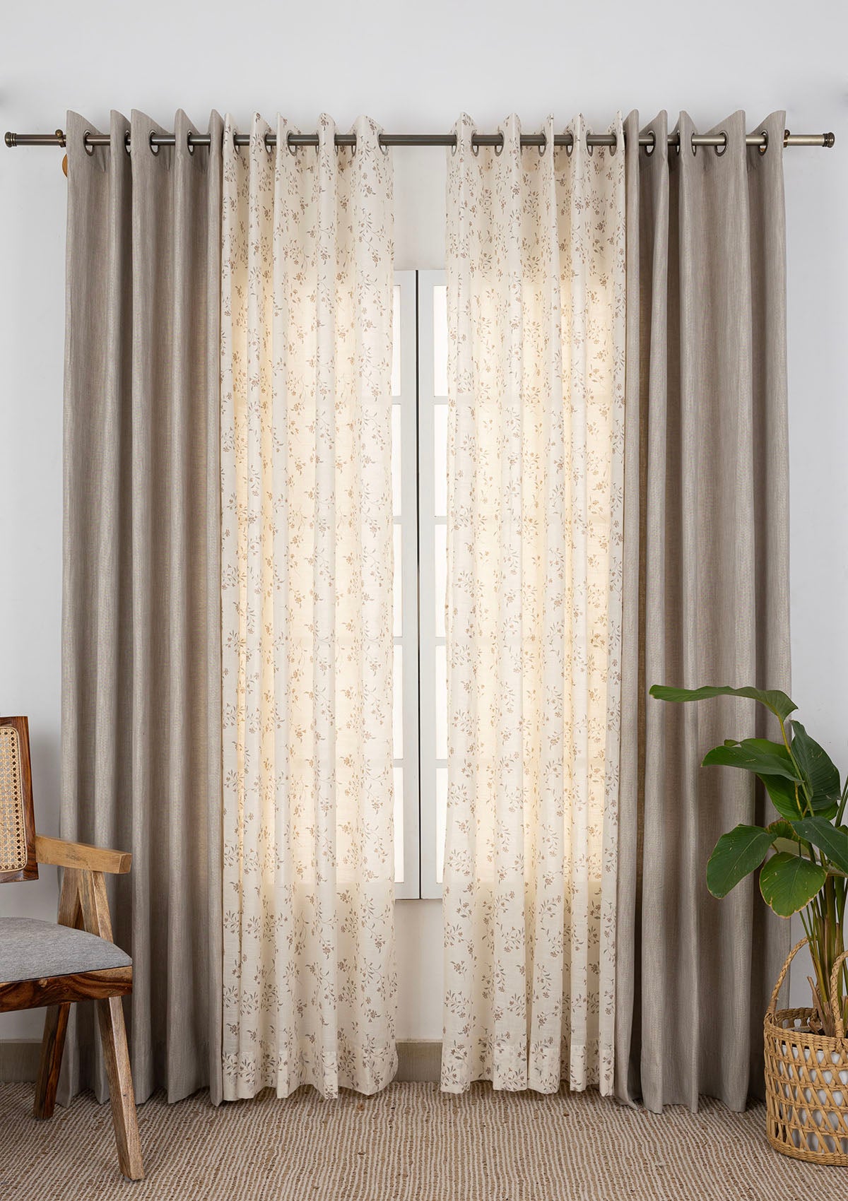 Toffee Textured Light Filtering & Field Printed Sheer Room Darkening | 100% Cotton for Living Room & Bedroom | Floral | Brown | Combo Curtains | Pack of 4