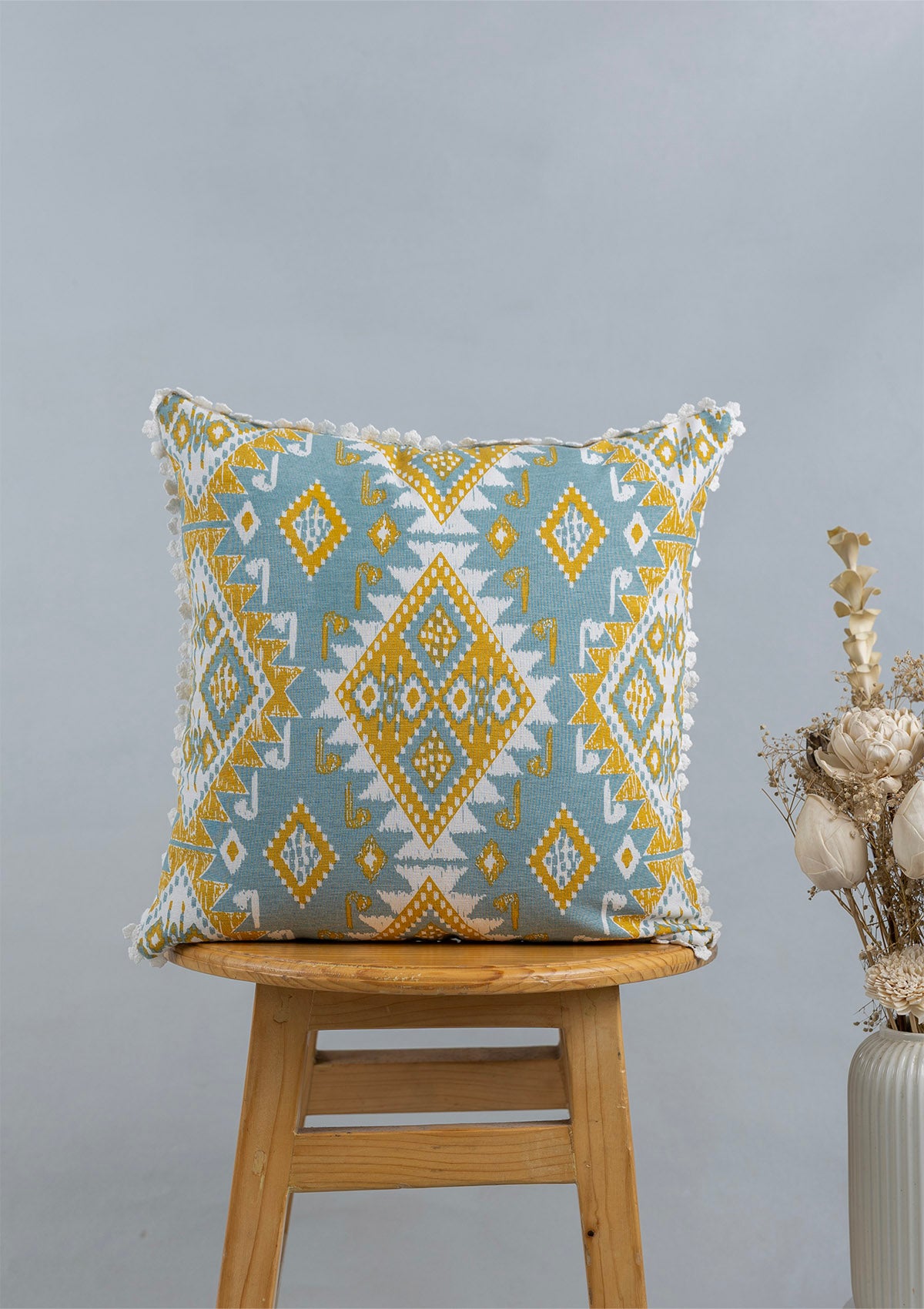 Tura Embroidered & Topaz Printed 100% Cotton Cushion Covers for Sofa - Blue and Yellow - Pack of 2