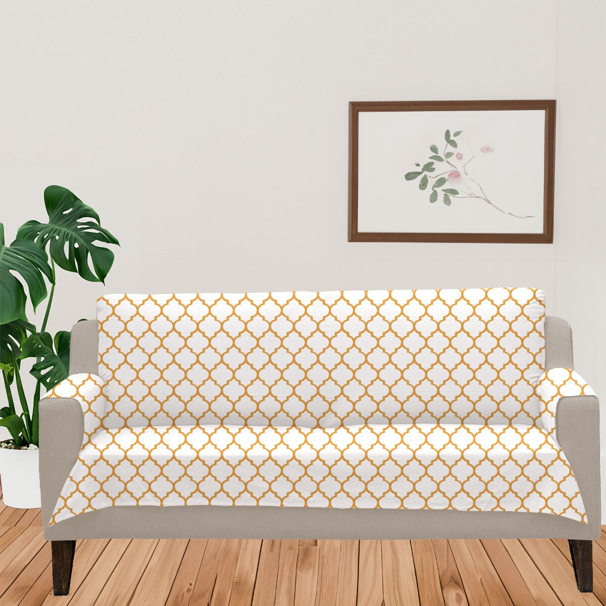Trellis Printed 100% Cotton geometric Sofa cover - Mustard