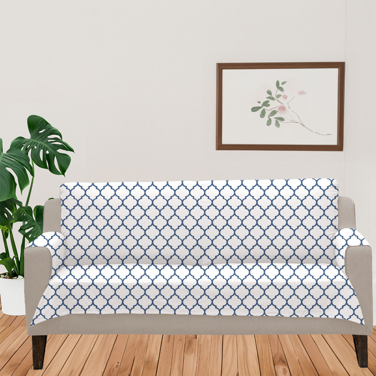 Trellis Printed 100% Cotton geometric Sofa cover - Royal Blue