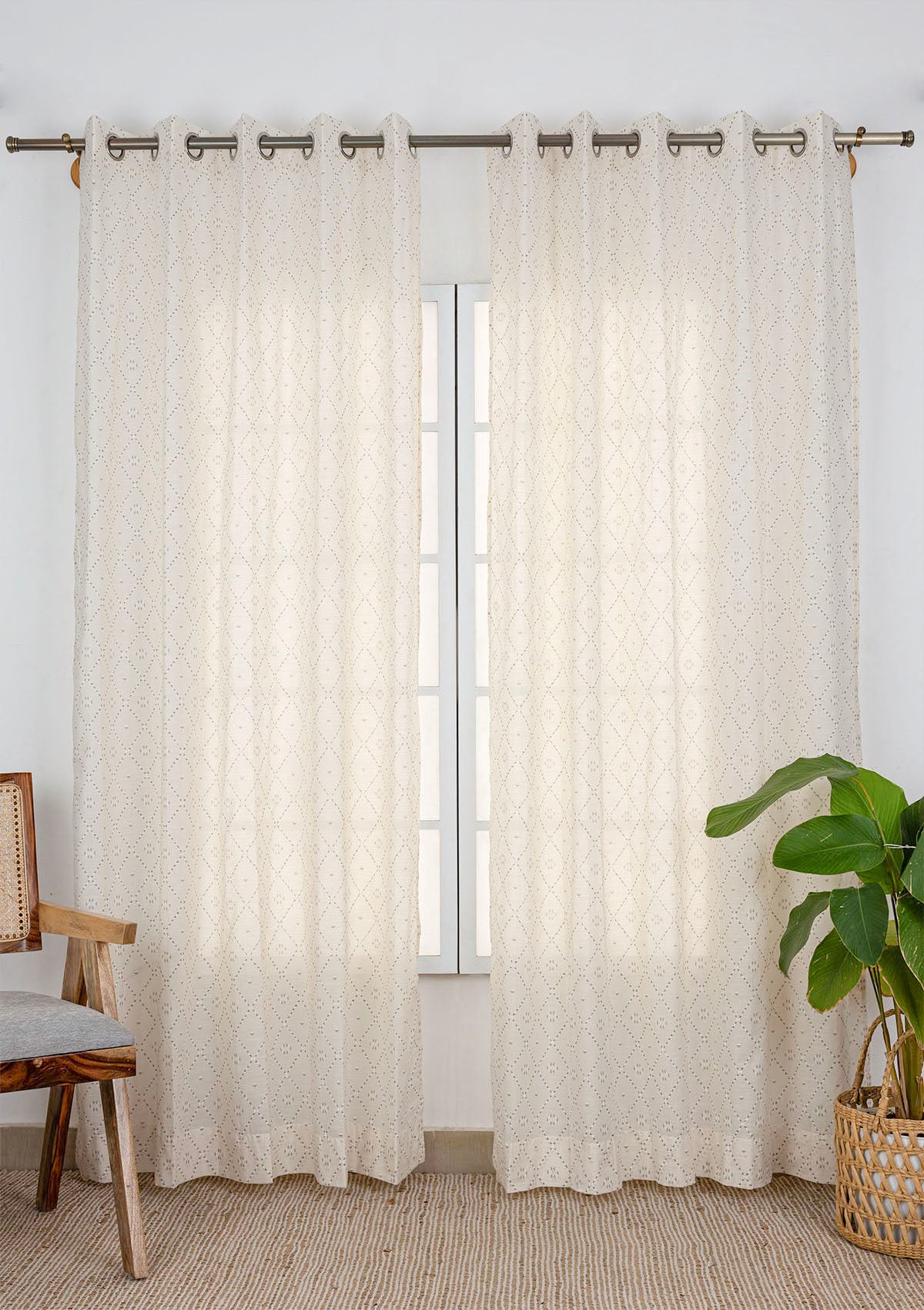 Feather Brown Geometric Printed Room Darkening & Truffle Brown Geometric Printed Sheer | 100% Cotton for Living Room & Bedroom | Pack of 4