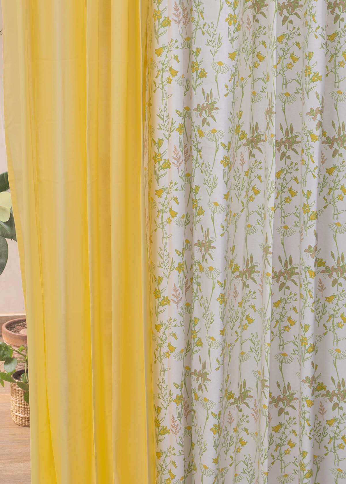 Tulip Garden Primrose Yellow,Pale Banana Sheer Set Of 4 Combo Cotton Curtain - Yellow