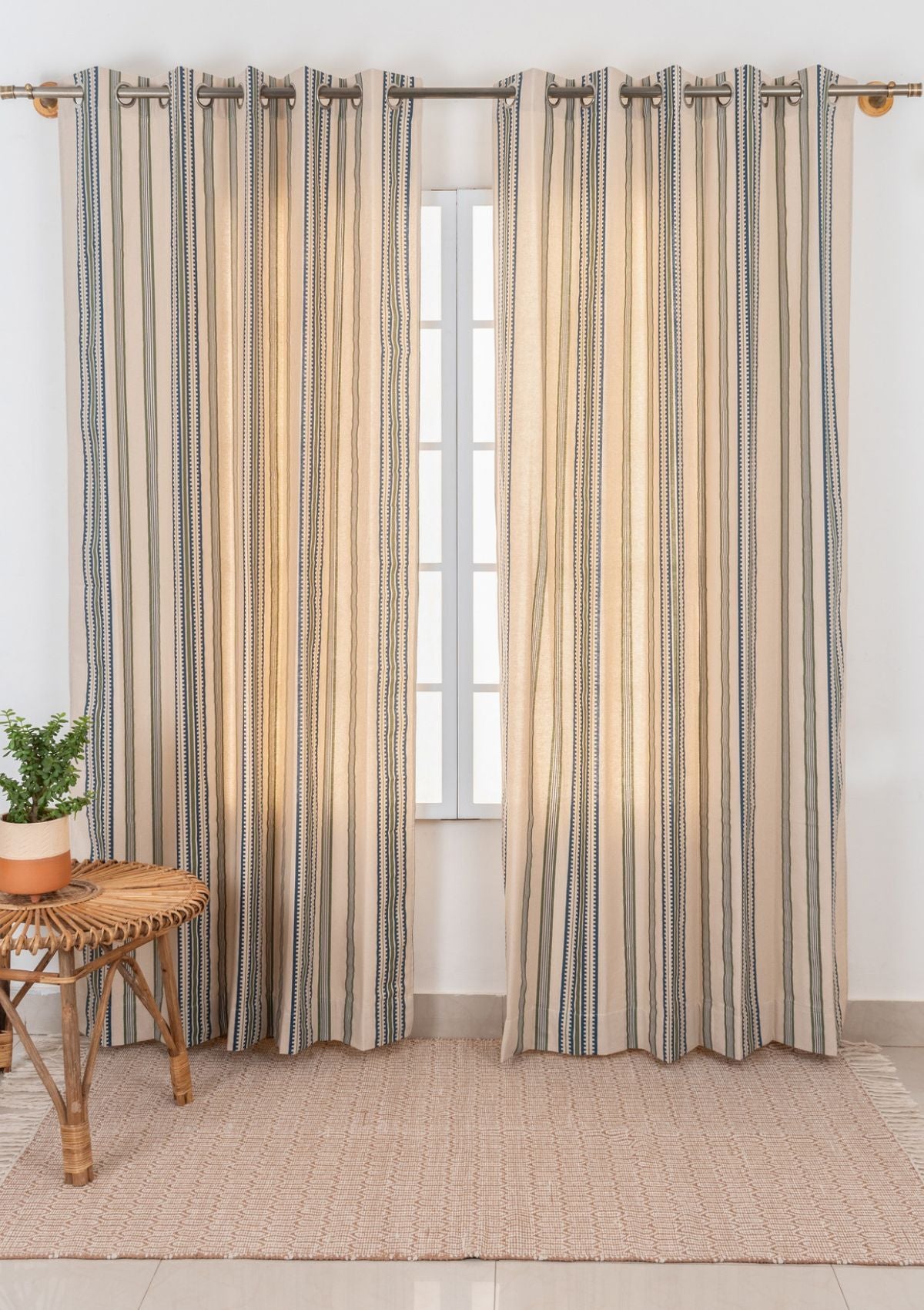 Roman Stripes Printed Cotton Curtain -  Pepper Green and Night Blue - Single