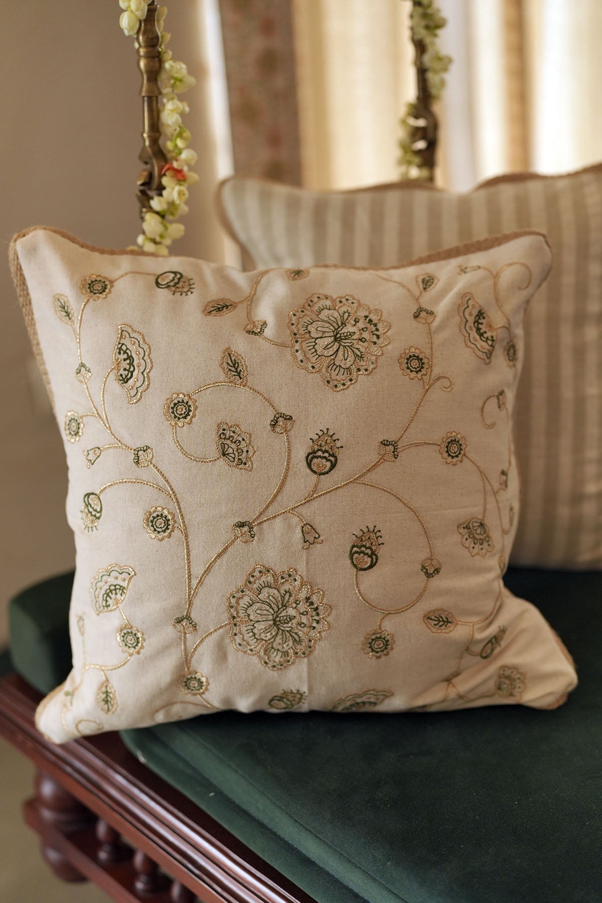 Valli Green & Gold | Gold Embroidered Floral |100% Cotton Cushion Cover For Sofa