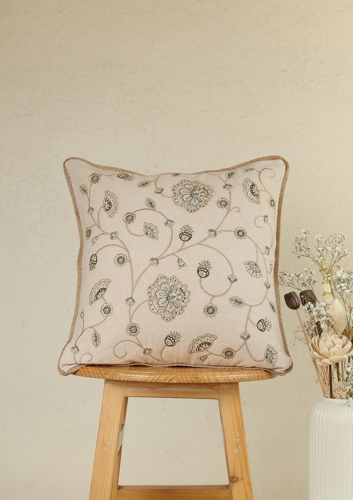 Valli Green & Gold | Gold Embroidered Floral |100% Cotton Cushion Cover For Sofa