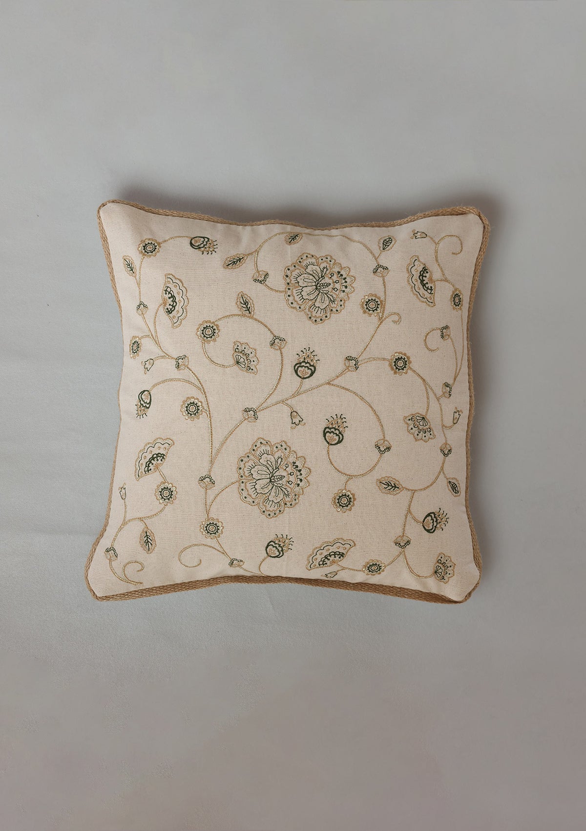 Valli Green & Gold | Gold Embroidered Floral |100% Cotton Cushion Cover For Sofa