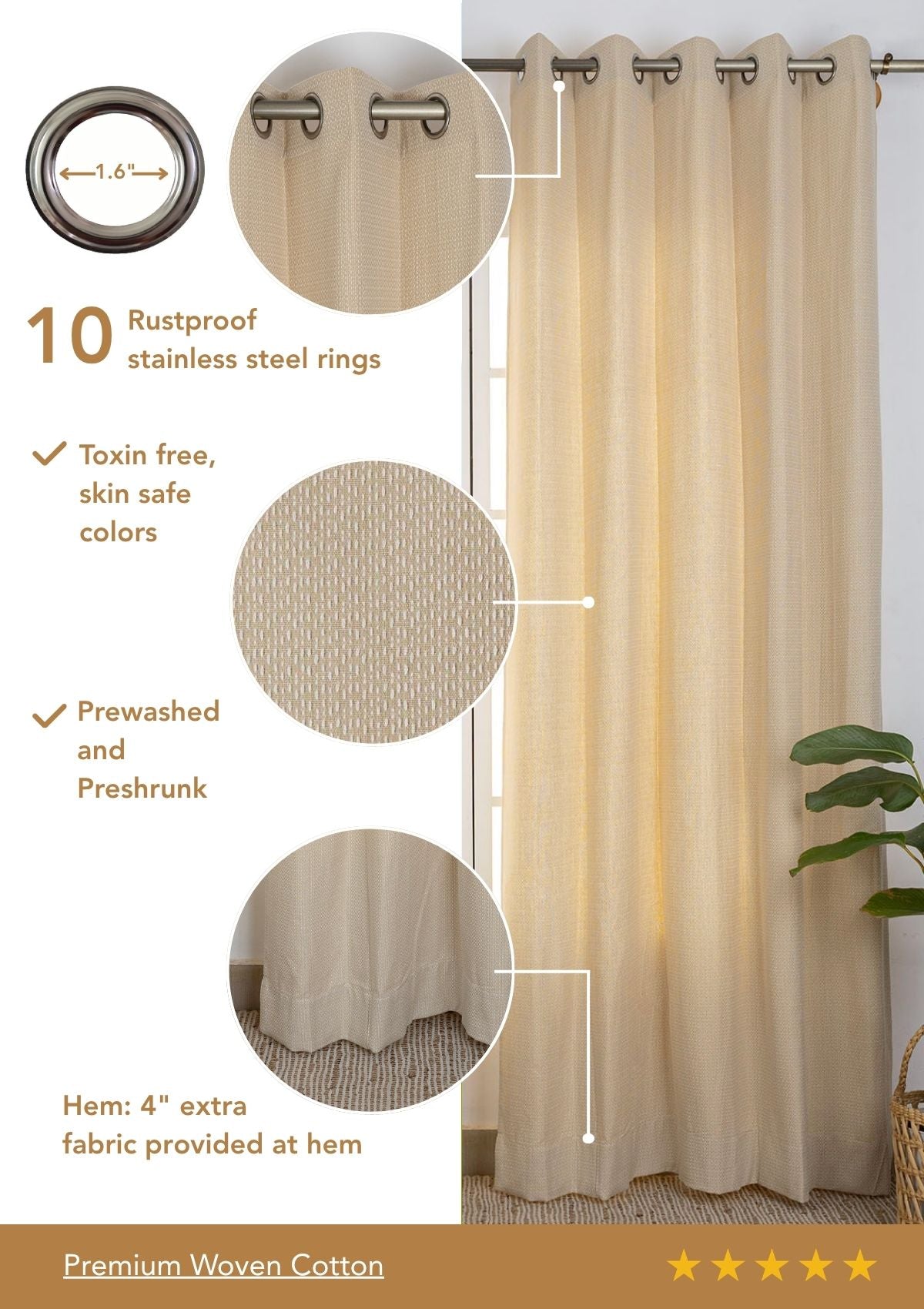 Vanilla Beige Solid Textured 100% Cotton Curtain For Living Room | Room Darkening | Single Piece