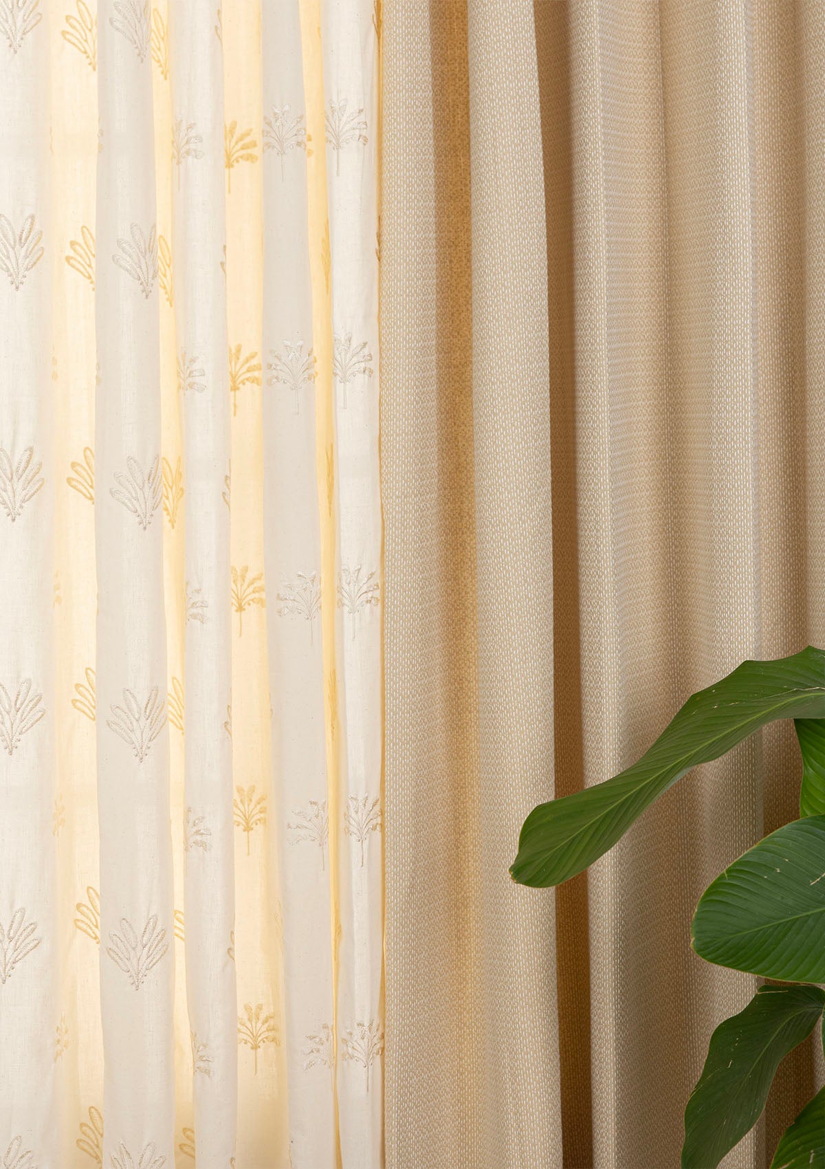 Vanilla Solid Textured Room Darkening & Silva Embroidered Sheer Light Reduction | 100% Cotton for Living Room & Bedroom | Beige | Combo Curtains | Pack of 4