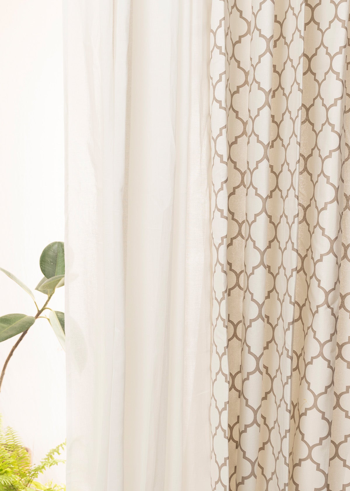 Trellis Walnut Grey,Warm White Solid Sheer Set Of 4 Combo Cotton Curtain - Walnut Grey And White