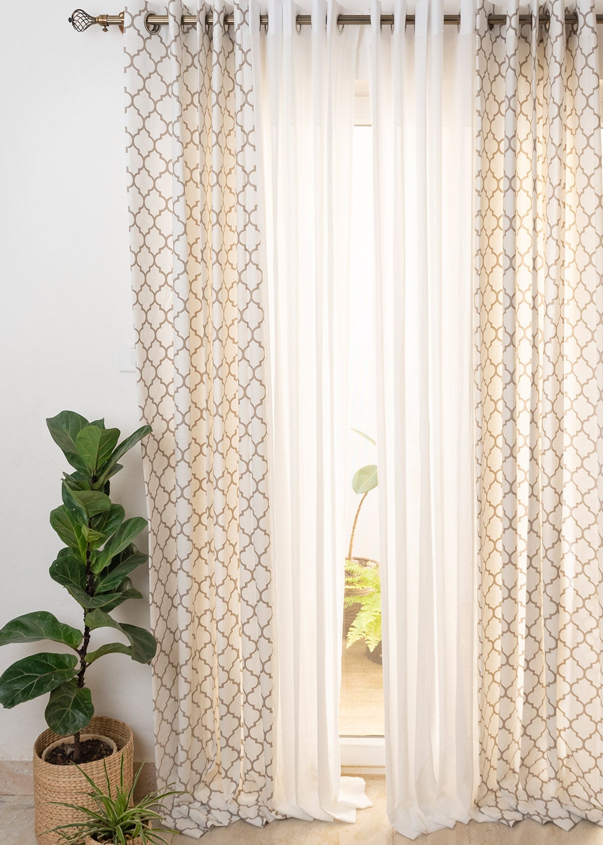 Trellis Walnut Grey,Warm White Solid Sheer Set Of 4 Combo Cotton Curtain - Walnut Grey And White