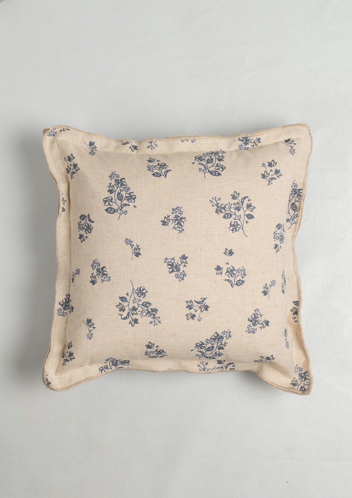 Whisper Printed Linen Flower Motif Cushion Cover for Sofa - Blue