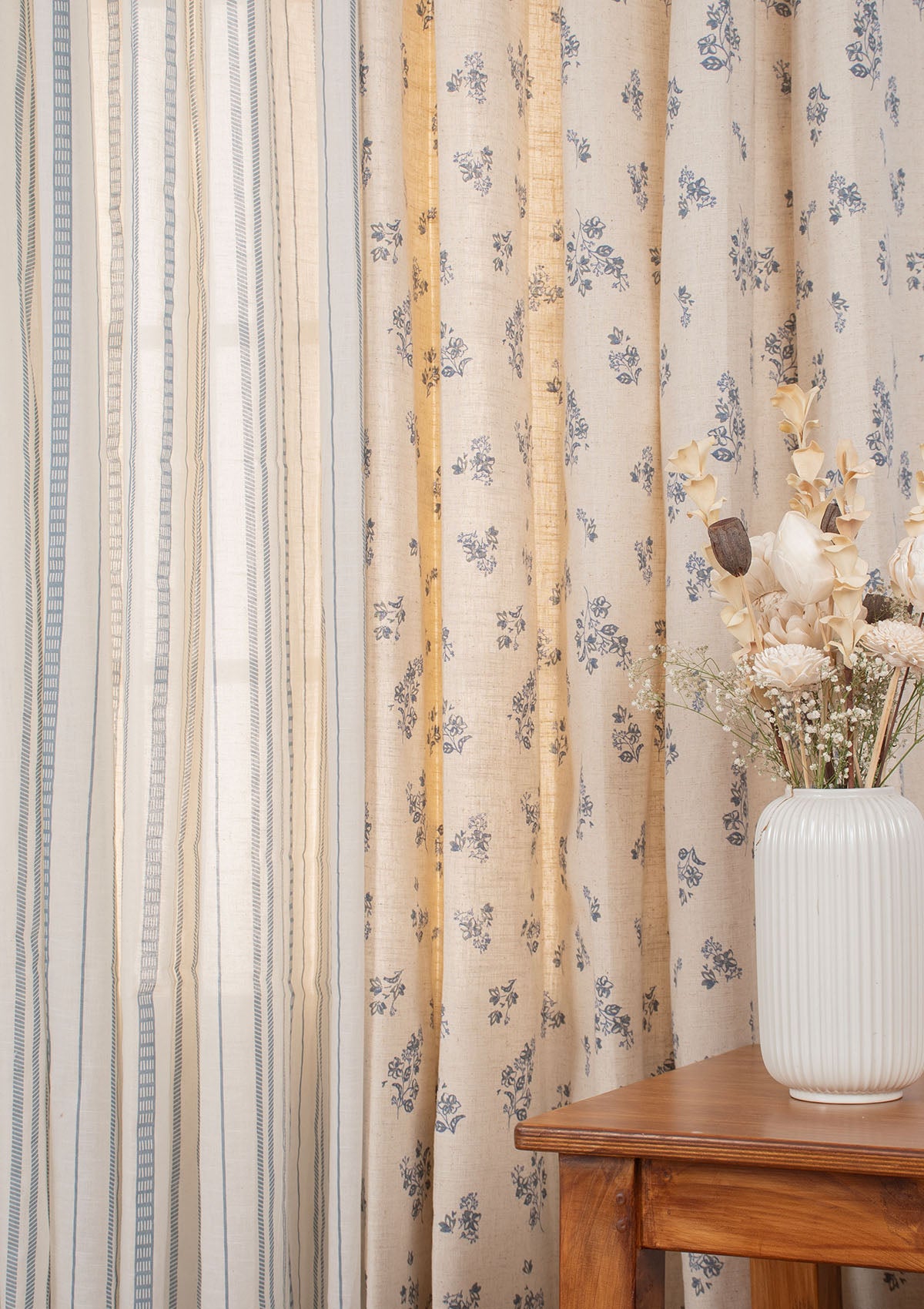Whisper Linen Floral Room-Darkening & Still Water Geometric Sheer - 100% Cotton Living Room Curtains - Blue - Pack of 4
