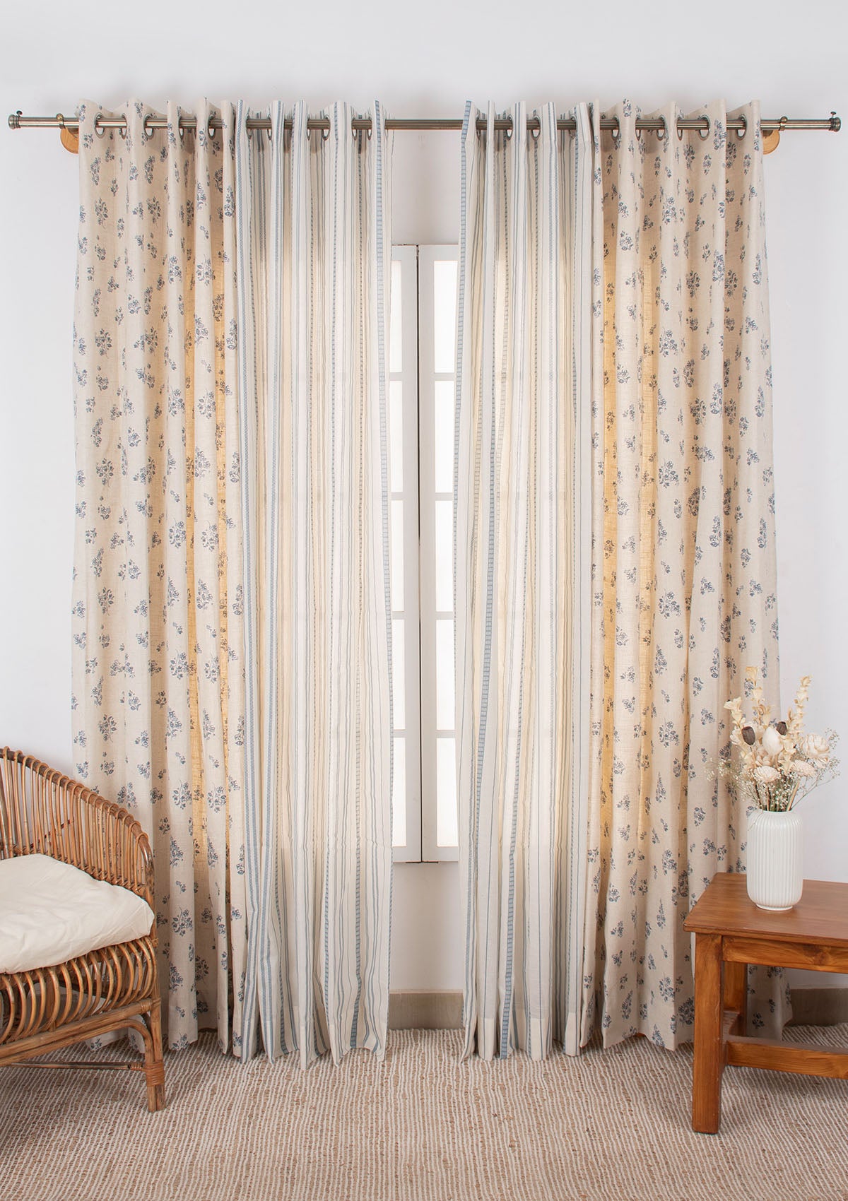 Whisper Linen Floral Room-Darkening & Still Water Geometric Sheer - 100% Cotton Living Room Curtains - Blue - Pack of 4