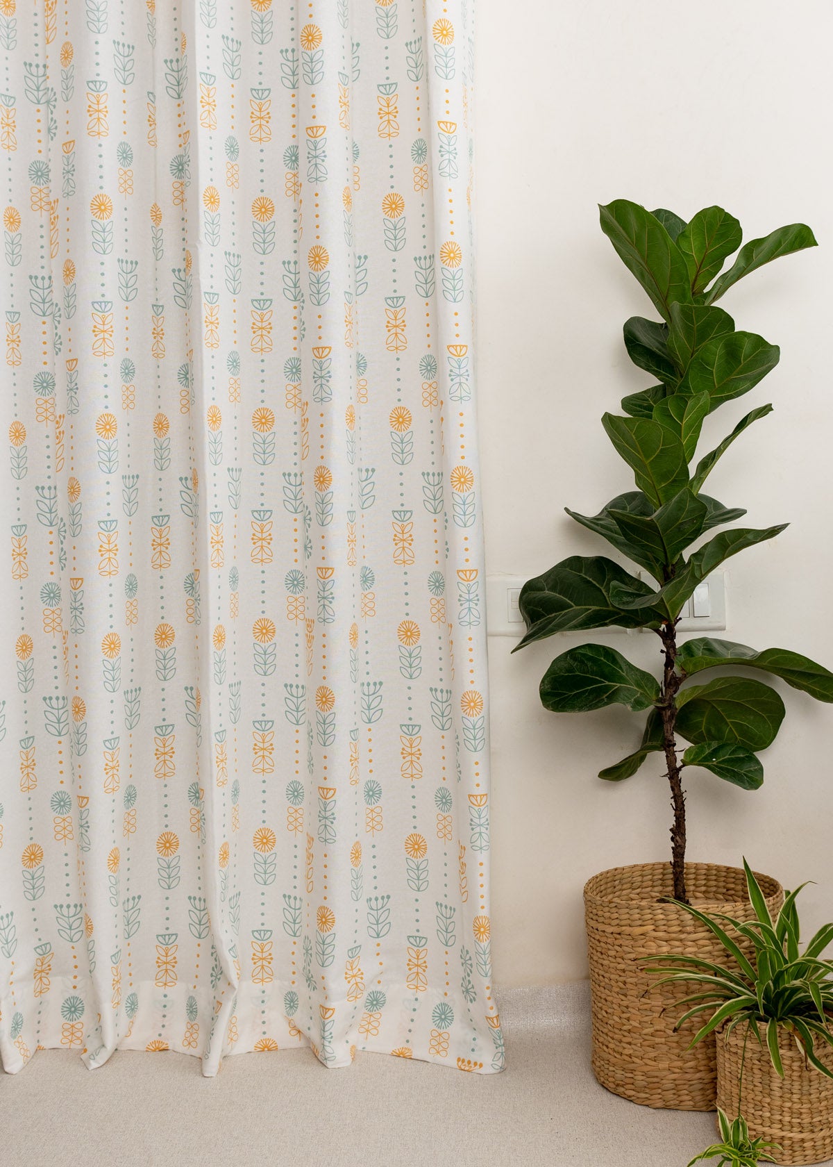 Wild Bouquet Printed Cotton Curtain - Yellow