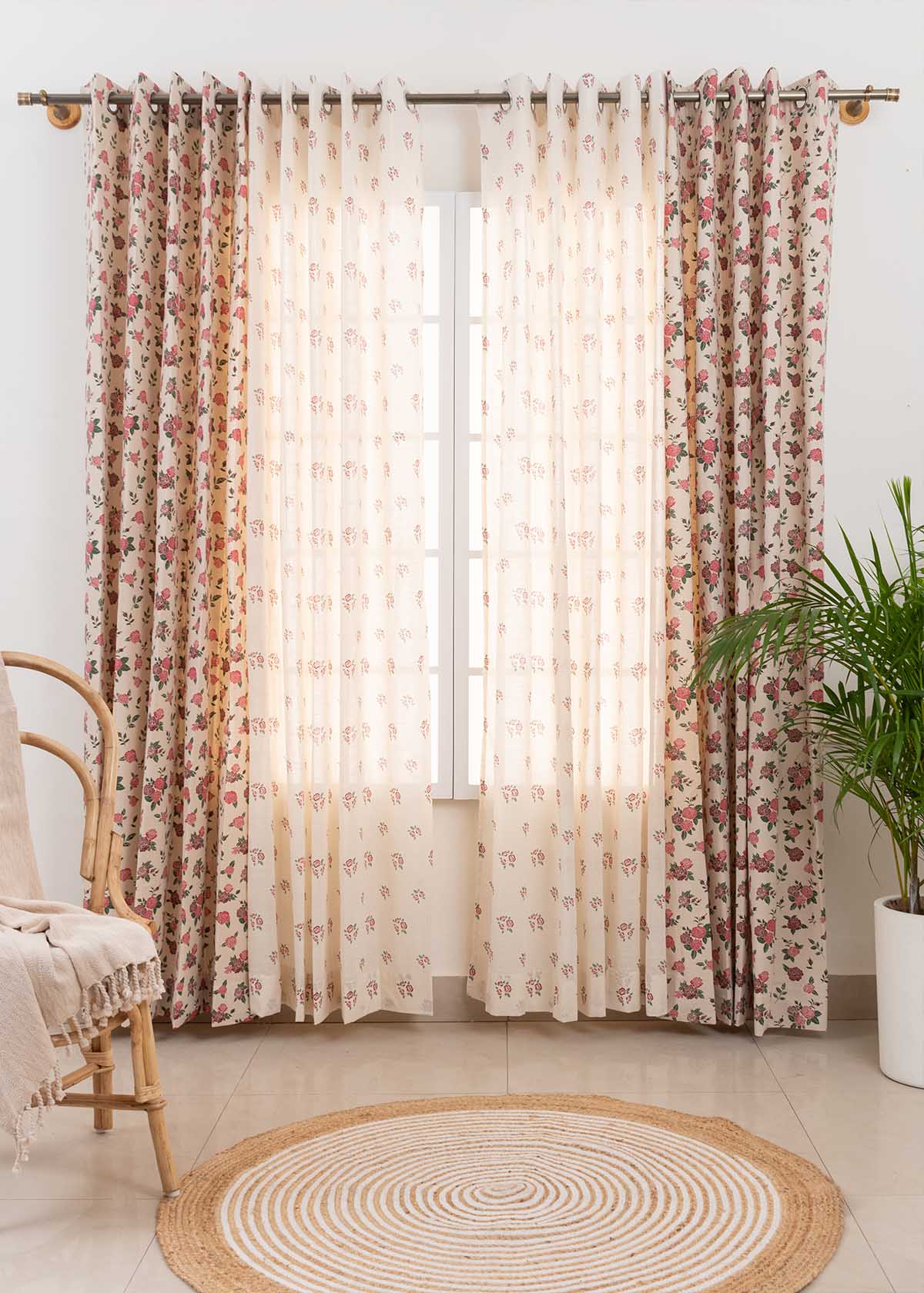 Wild Roses, Rose Garden Sheer Set Of 4 Combo Cotton Curtain - Wine Red