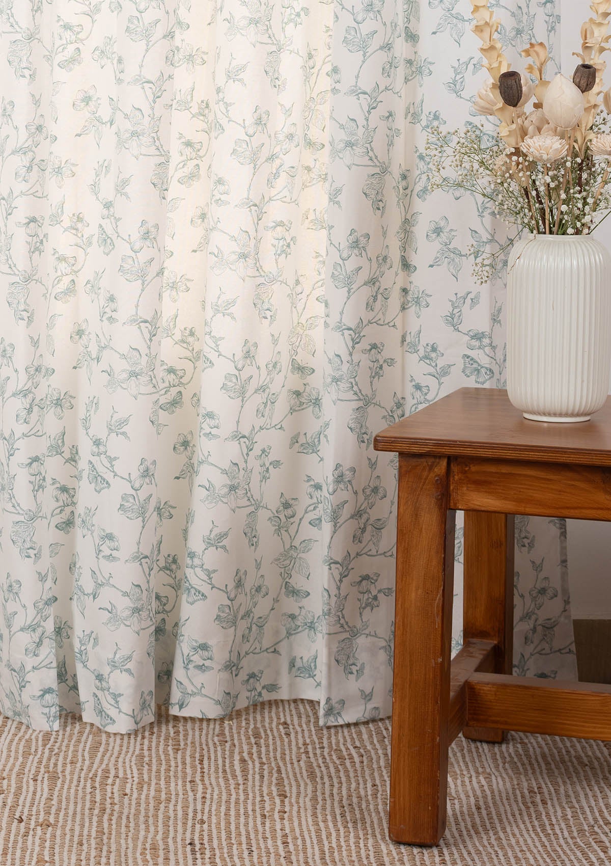 Willow floral 100% cotton curtain for living room - Light Reduction - Nile Blue - Single Piece