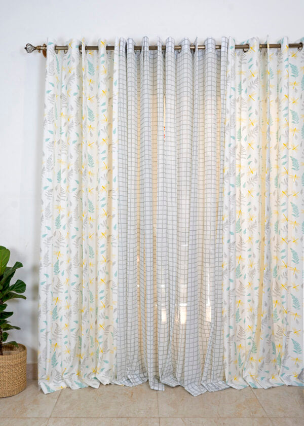 Winged Skies, Uneven Checks Grey Sheer Set Of 4 Combo Cotton Curtain - Yellow Grey