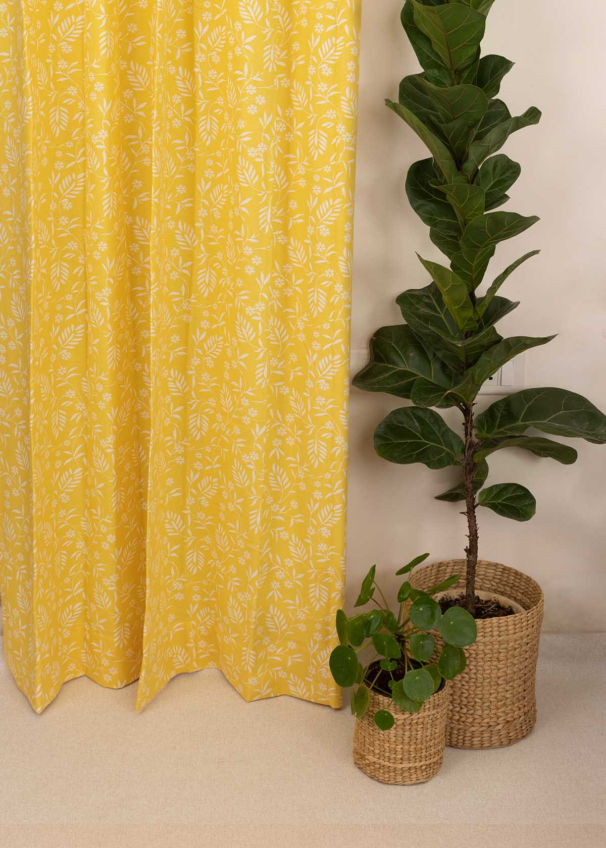 Yellow Daisy Printed Cotton Curtain - Yellow- Single