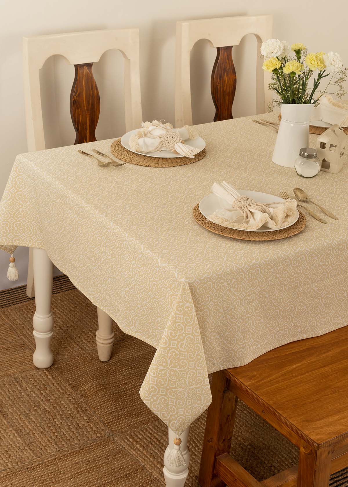 Antique 100% cotton Neutral table cloth for 4 seater or 6 seater dining - Cream