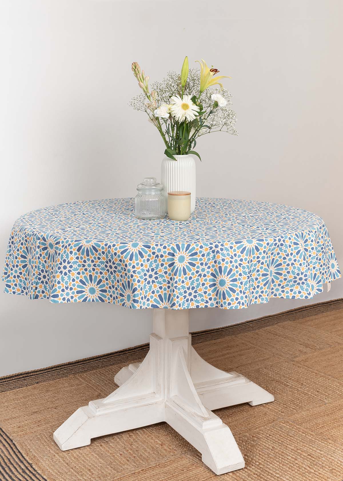 Arabesque 100% cotton geometric table cloth for 4 seater or 6 seater dining - Blue