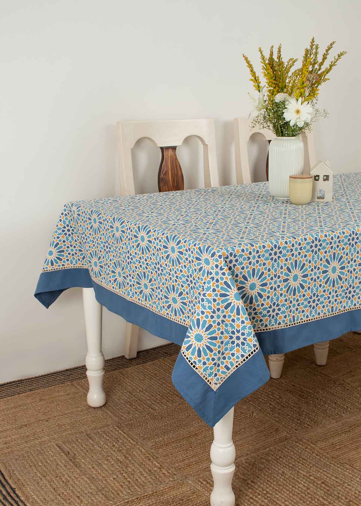 Arabesque 100% cotton geometric table cloth for 4 seater or 6 seater dining - Blue