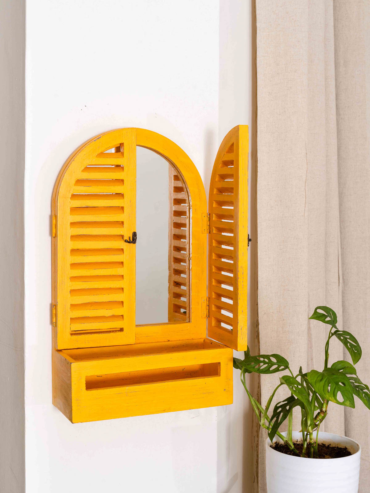 Arched Vintage Window Mirror With Basket Small - Yellow