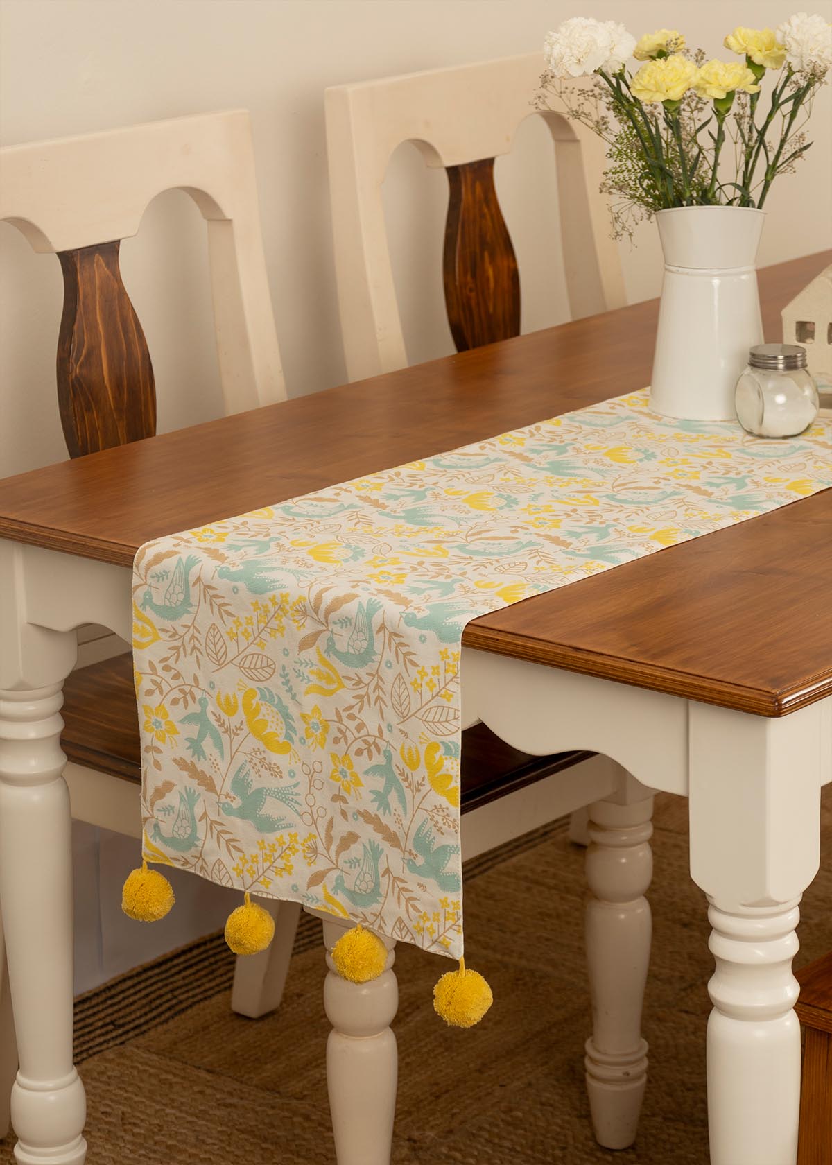 Bird's Paradise 100% cotton elegant table runner for 4 seater or 6 seater Dining with tassels - Yellow