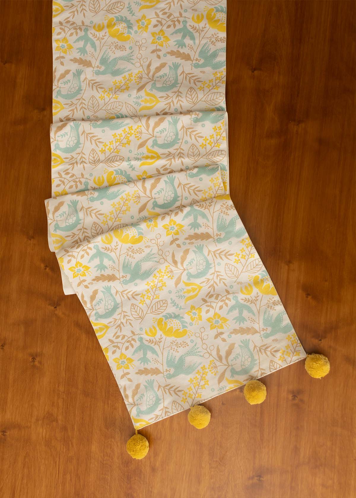 Bird's Paradise 100% cotton elegant table runner for 4 seater or 6 seater Dining with tassels - Yellow