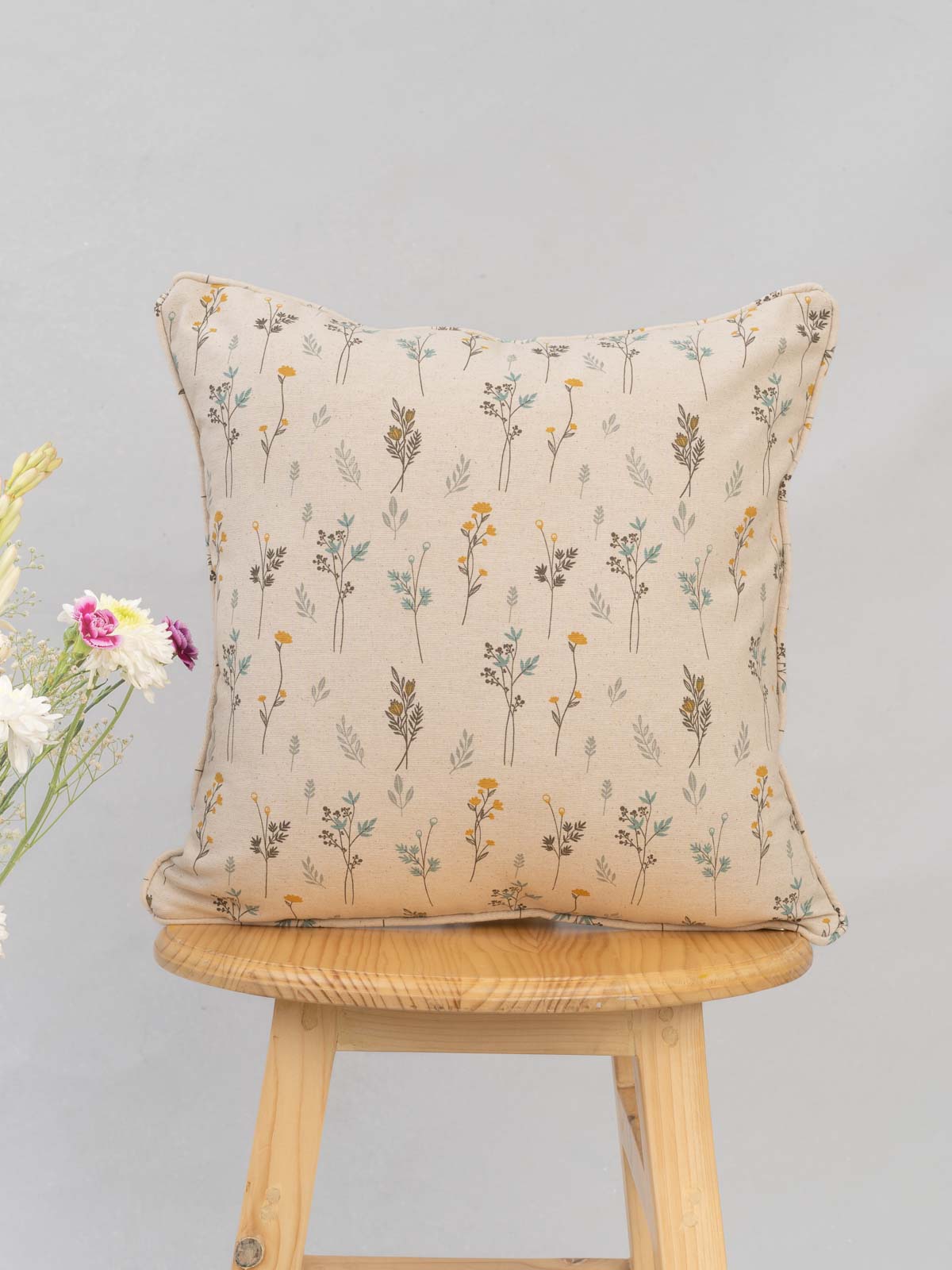 Blooming Meadows 100% cotton customisable floral cushion cover for sofa - Beige