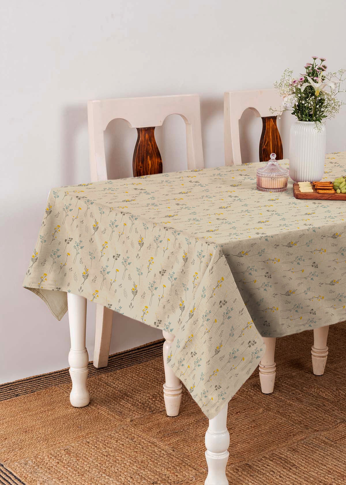 Blooming Meadows 100% cotton customisable floral table cloth for dining - Beige