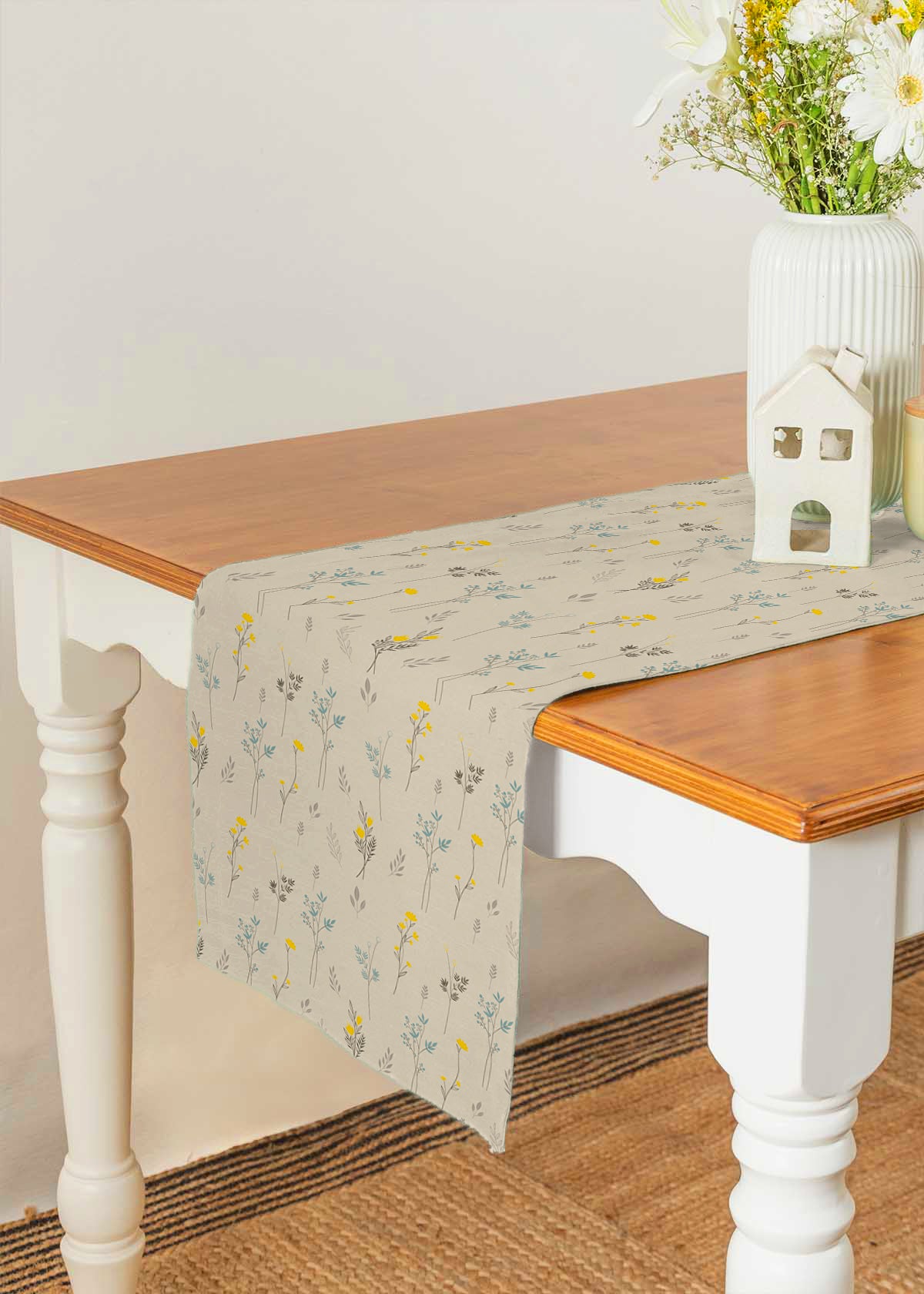 Blooming Meadows 100% cotton customisable floral table Runner for dining - Beige