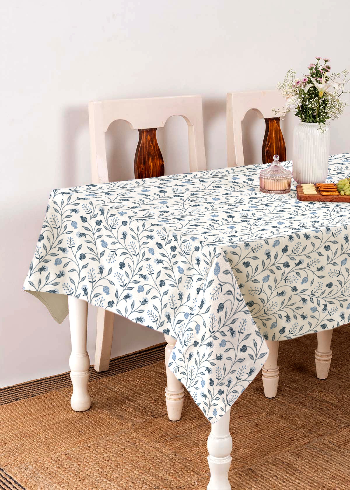 Blue Ruby 100% cotton floral table cloth for 4 seater or 6 seater dining - Blue