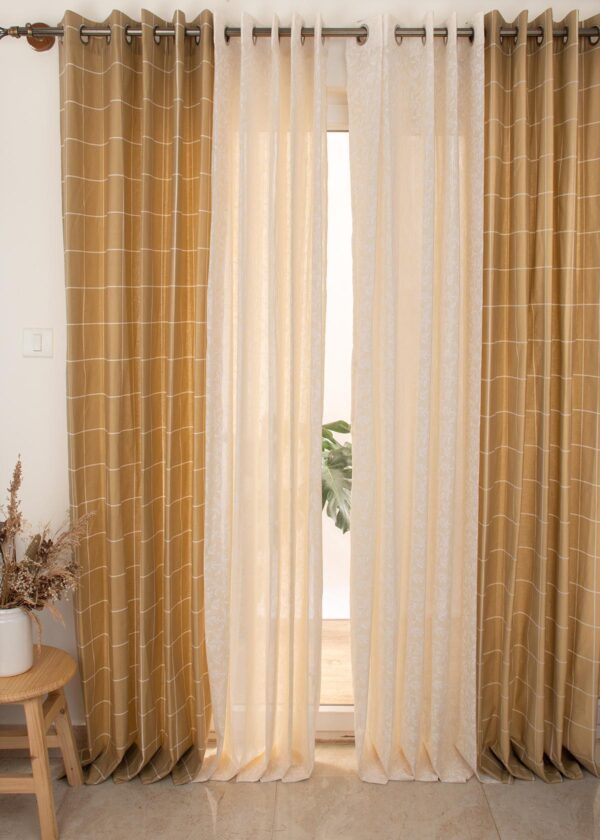 Cabin Checks,Trailing Berries Set of 4 Combo Cotton Curtain - Brown And Cream