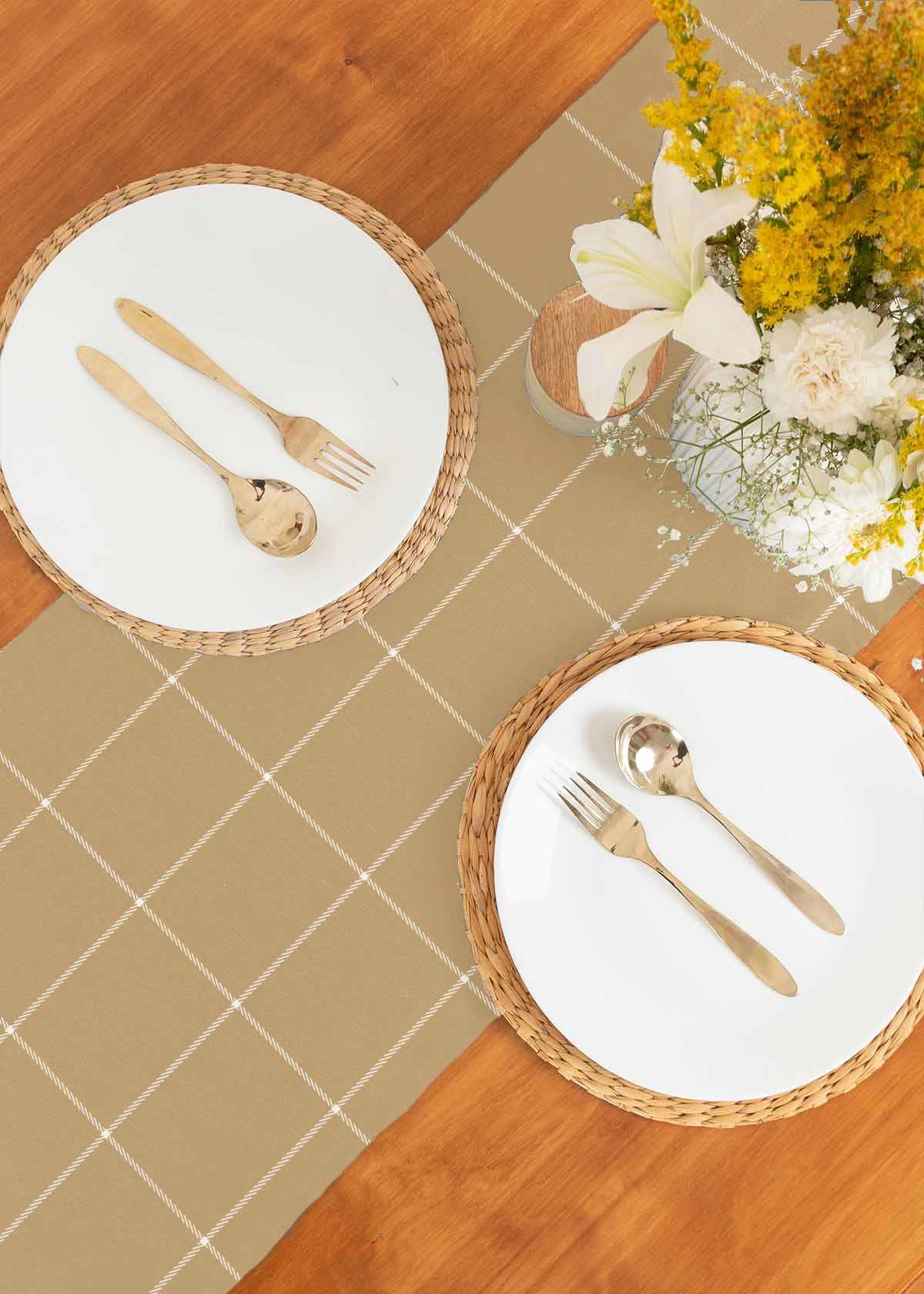Cabin checks 100% cotton customisable geometric table Runner for dining - beige
