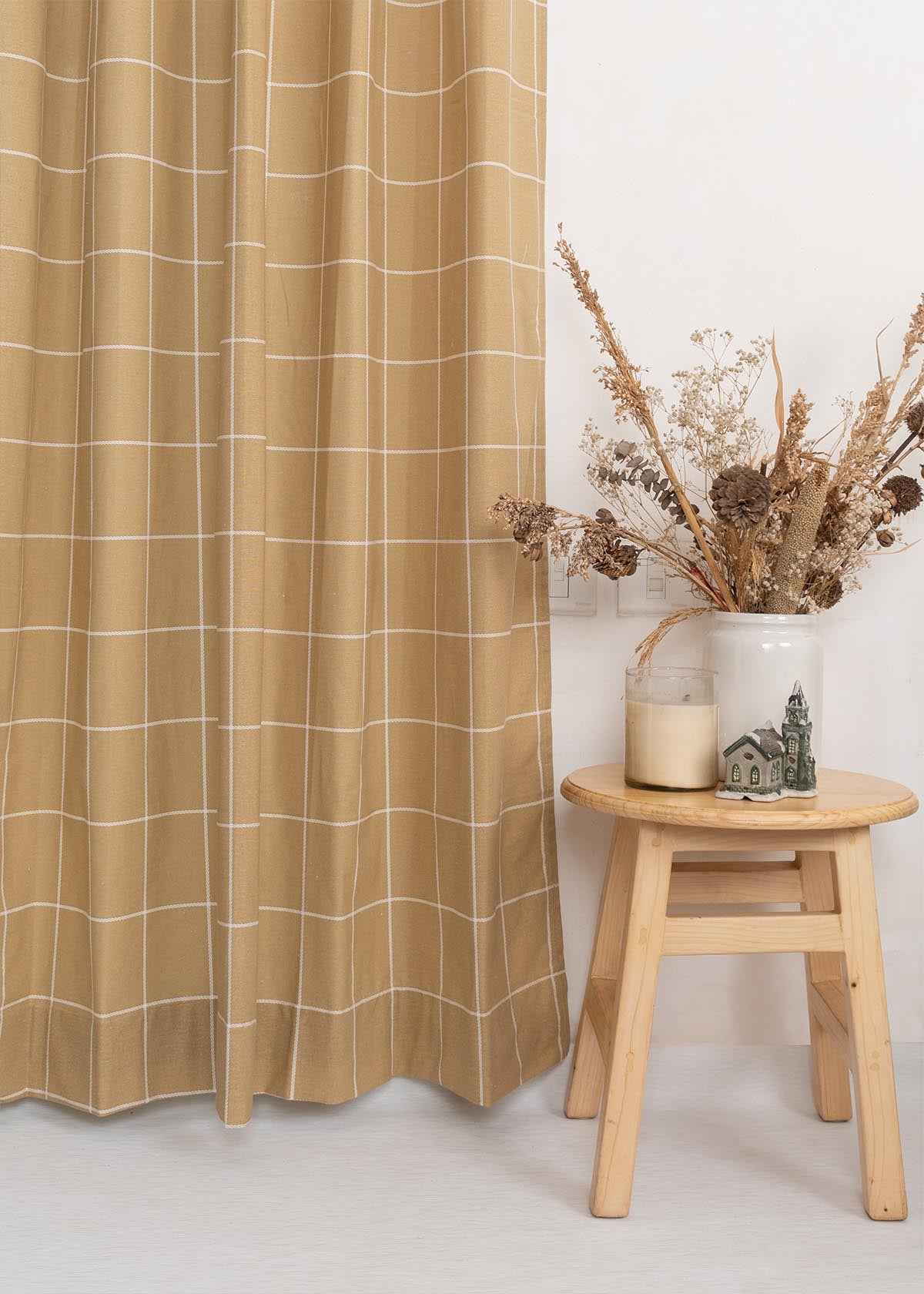 Cabin Checks Printed Cotton Curtain - Brown - Single