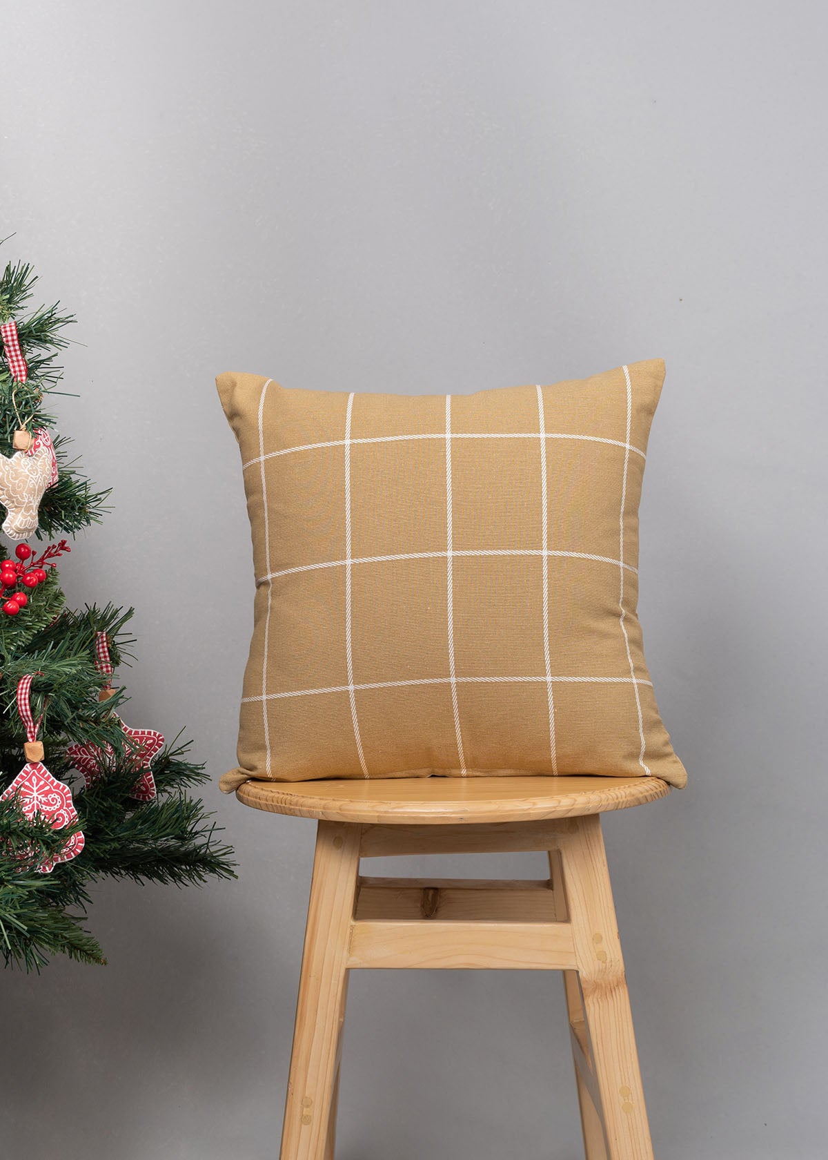 Cabin checks 100% cotton customisable geometric cushion cover for sofa - beige