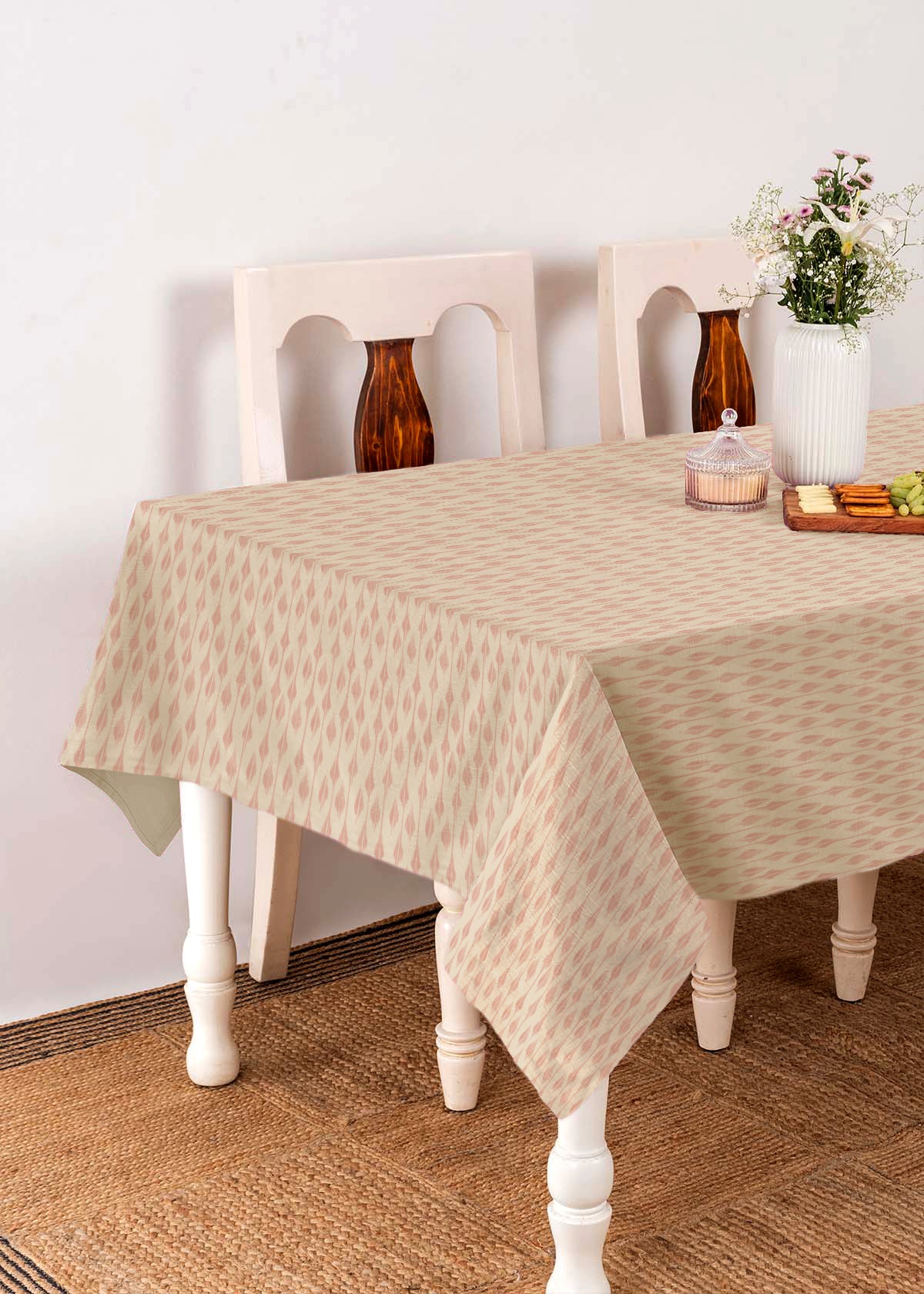 Chenab Printed 100% cotton geometric table cloth for 4 seater or 6 seater dining - Blush