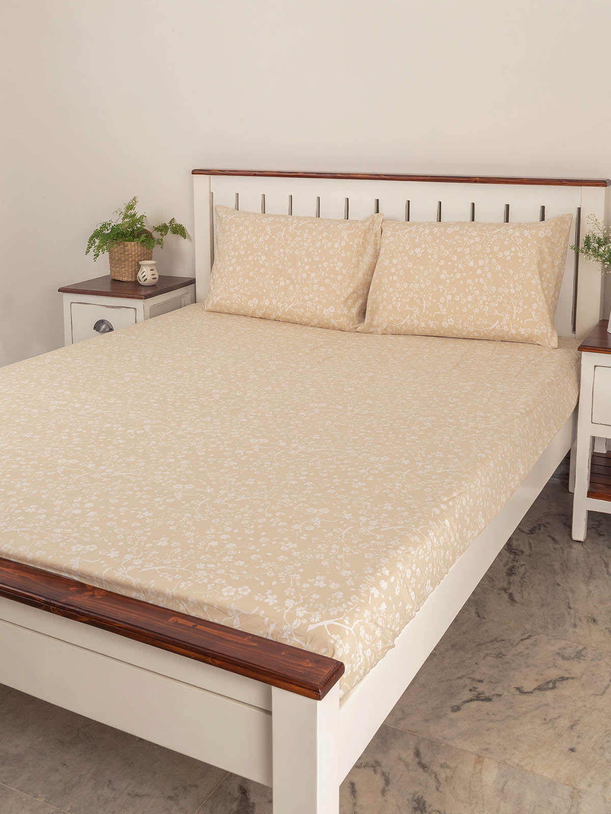 Cherry Blossom Printed Cotton Flat Sheet - Cream