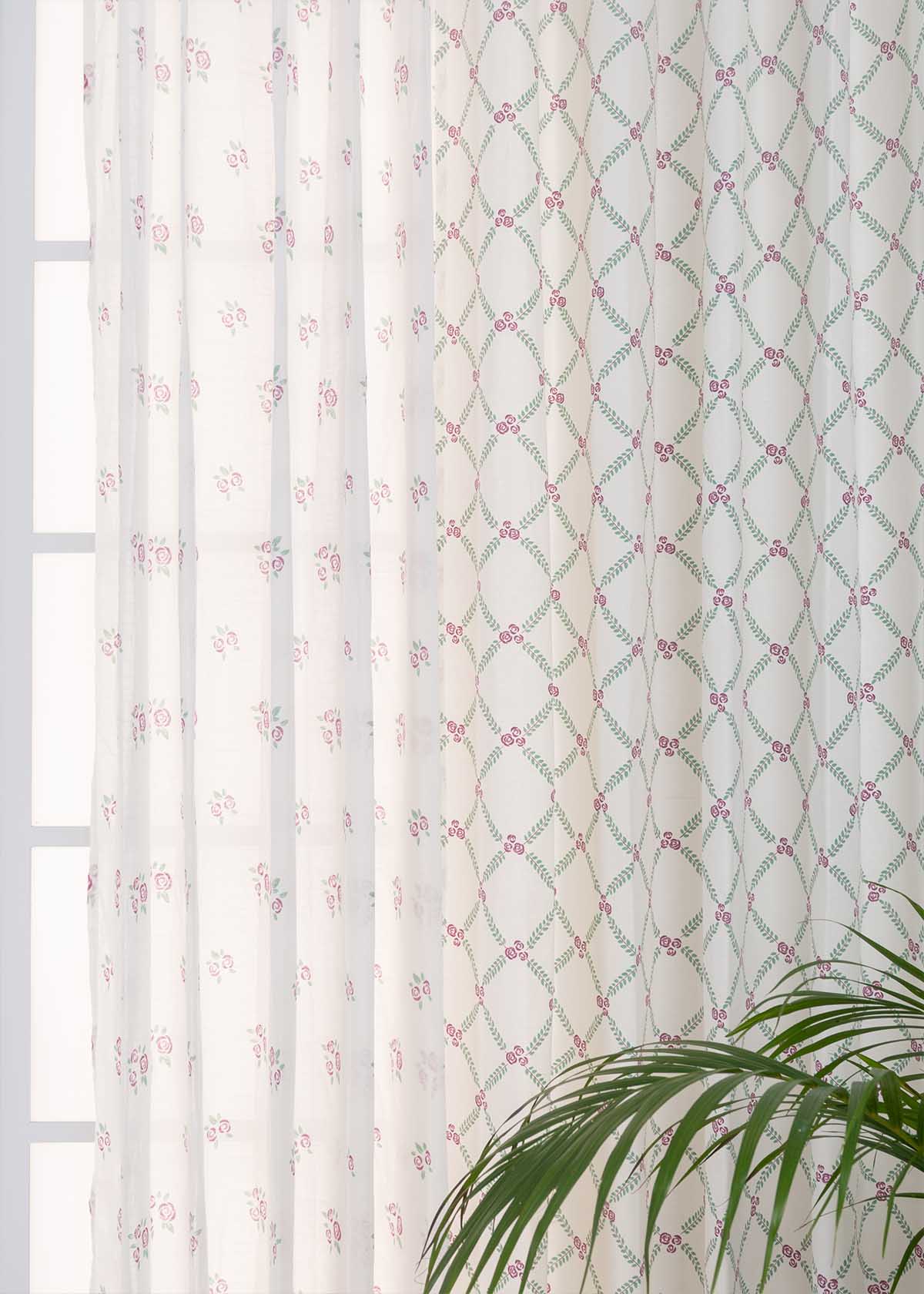 Climbing Roses In Lavender,Rose Garden In Lavender Sheer Set Of 2 Combo Cotton Curtain - Lavender