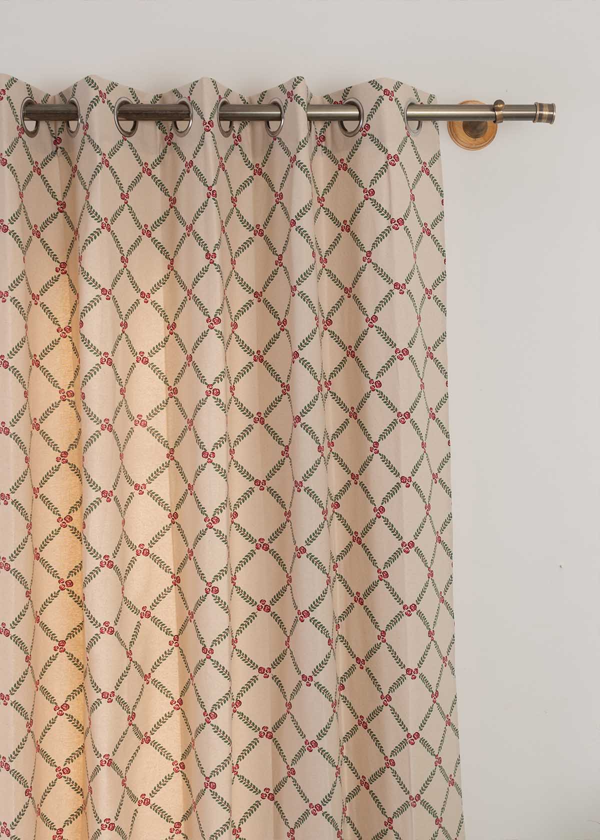 Climbing Roses Printed Cotton Curtain - Wine Red