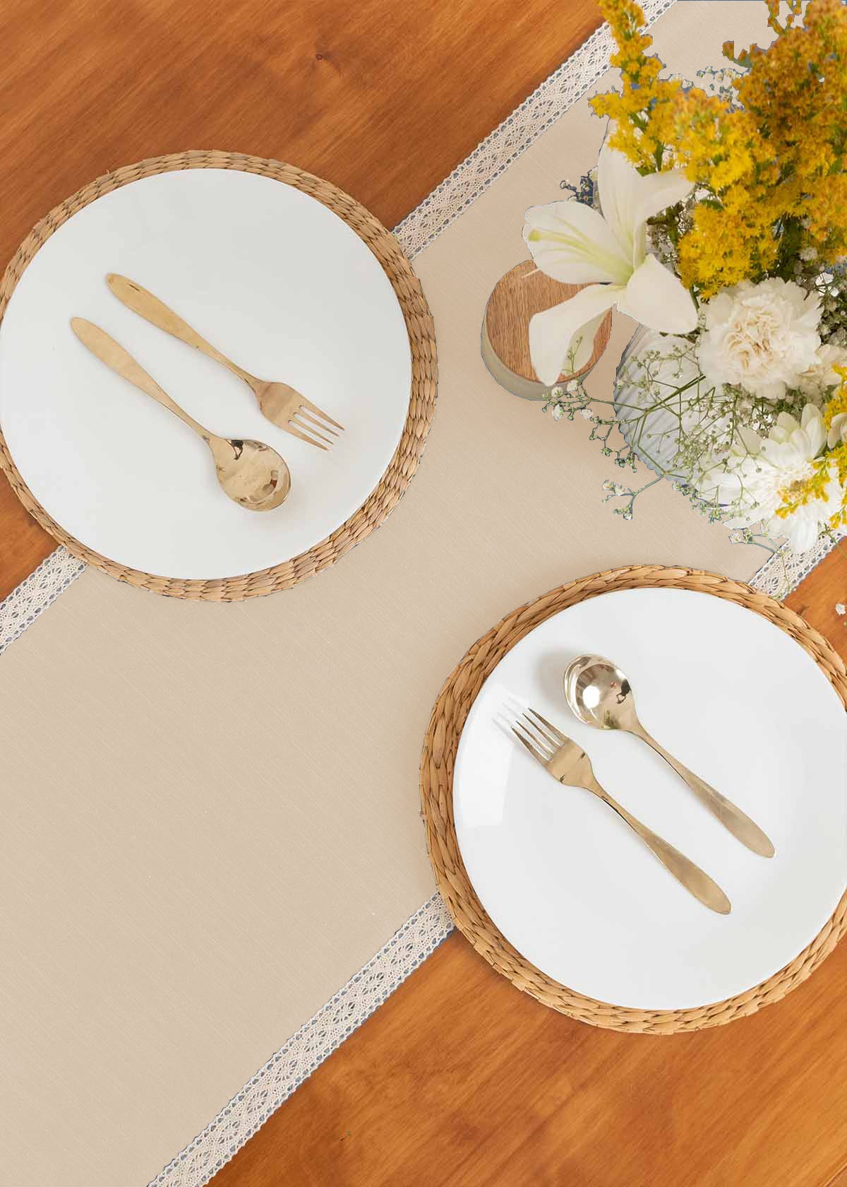Solid Cream 100% cotton plain table runner for 4 seater or 6 seater dining with lace boarder - Cream