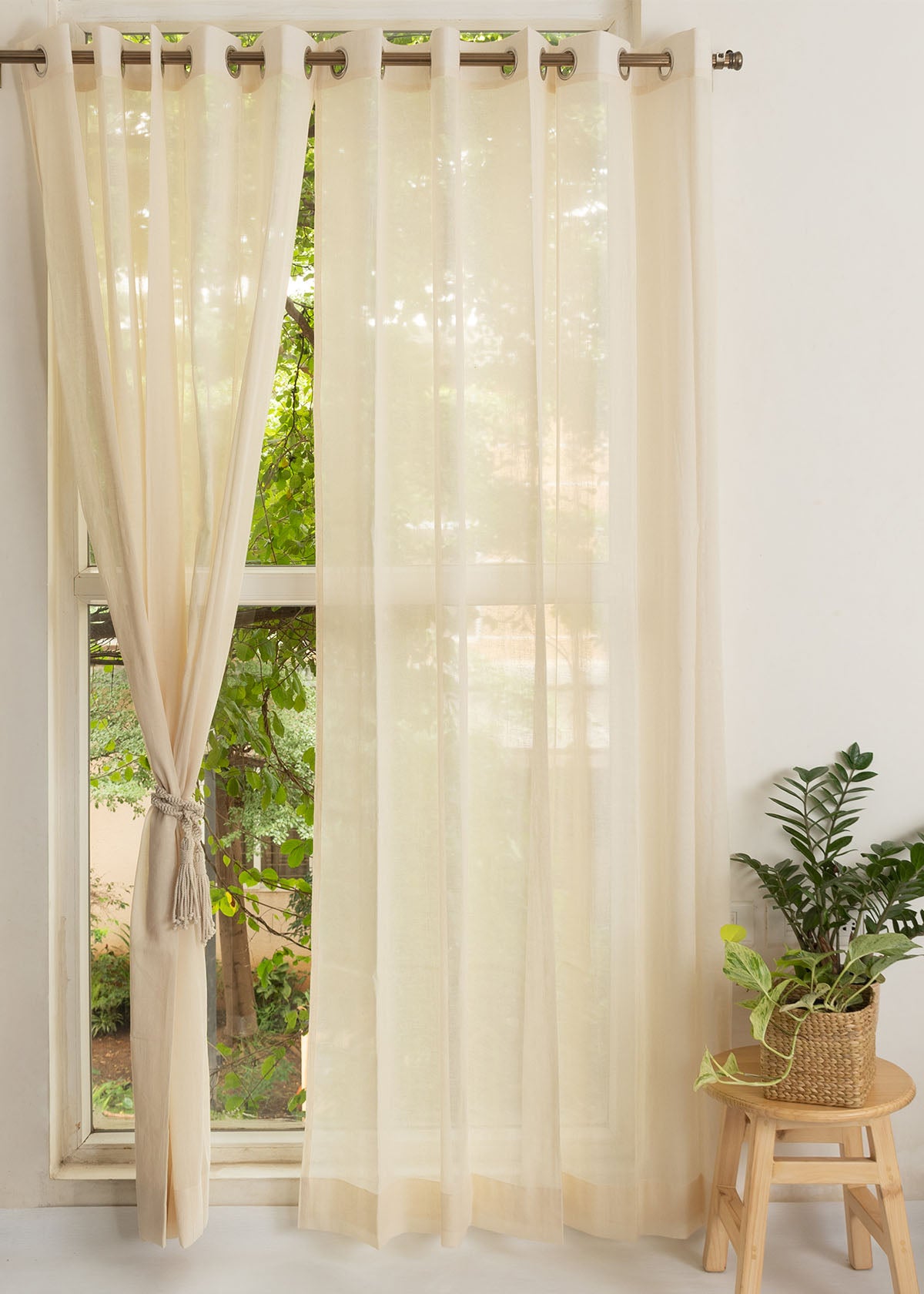 Solid Cream sheer 100% cotton plain curtain for Living room & bedroom - Light filtering - Single Piece